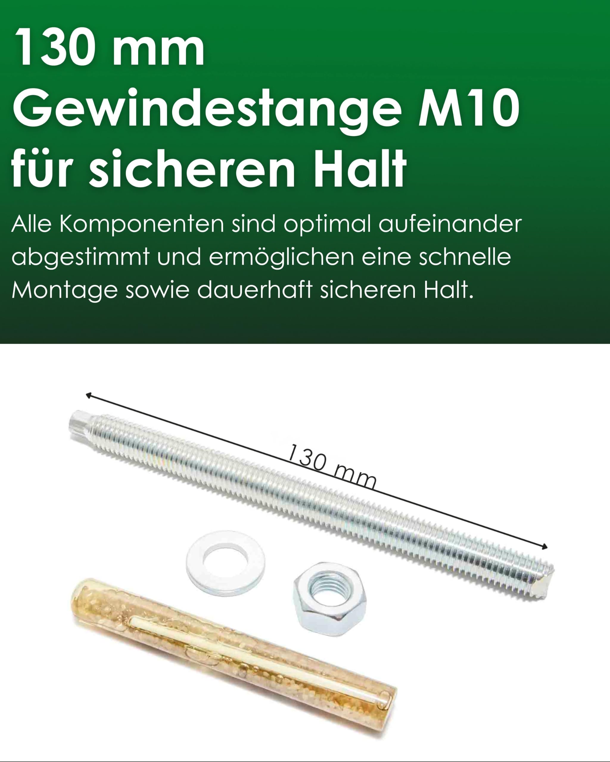 Verbundanker M10 x 130 mm Set verzinkt für Beton 20er | Inkl. Gewindestange, Mutter & Unterlegscheibe I Für Zaunpfosten, Tore & Geländer