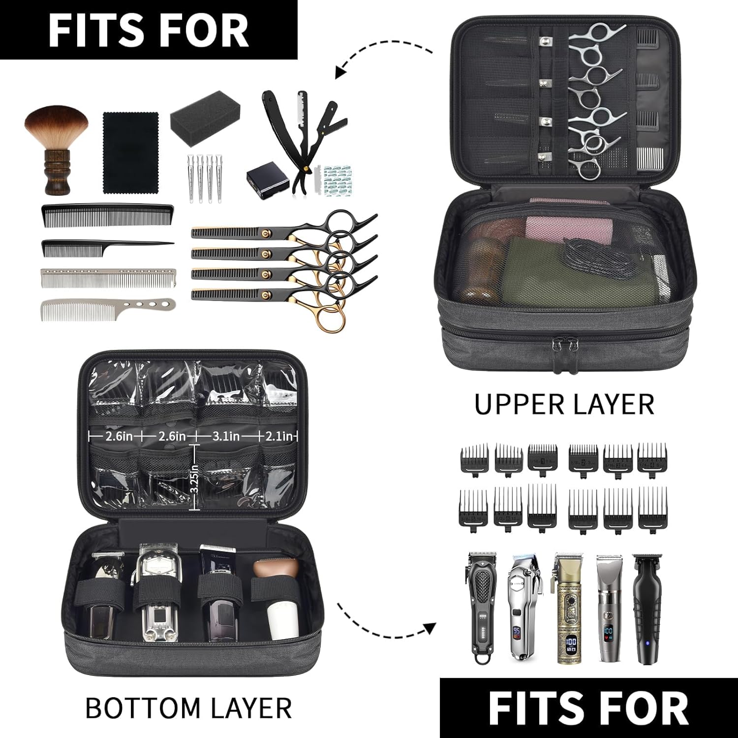 Hair Clipper Case Barber Bag Double Layer Large Capacity Organizer for Clippers, Guards, Scissors & Accessories, with Transparent Pouch (Box Only) (GRAY, MEDIUM)