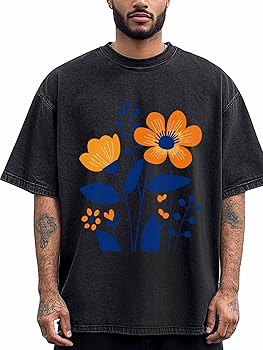 Vintage Men's T-Shirts Orange Flowers Blue Leaves Short Sleeve