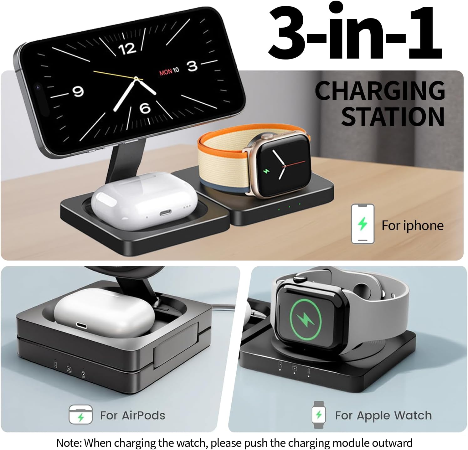 3-in-1 Foldable Wireless Charging Station Compatible with iPhone 17/16/15/14/13/12, Apple Watch, AirPods, Magnetic Fast Charging Stand, Travel Charger
