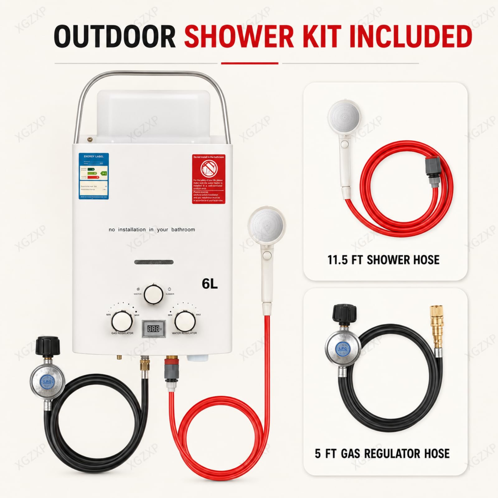 Calentador de agua portátil sin tanque, calentador de agua sin tanque, propano con cabezal de ducha, kit de 6 l/1.58 gpm, calentador de agua caliente instantáneo para uso al aire libre, para camping
