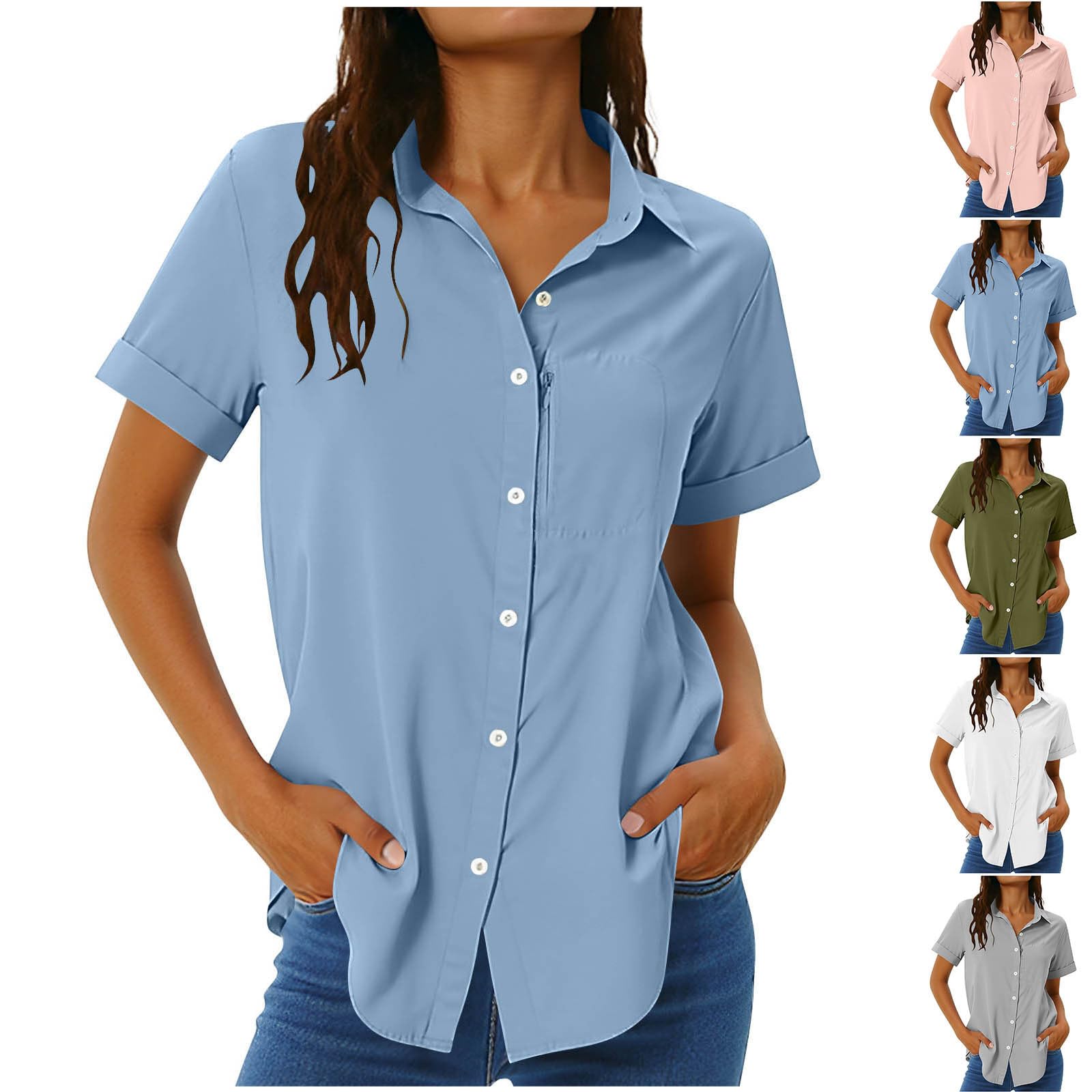 Damen UPF 50+ Shirt Kurzarm Sommer Shirts Outdoor Sport Wanderbluse Schnelltrockner Wandern Hemden Revers Knopfleiste Hemdbluse Einfarbig Lässig Sportshirt Atmungsaktive Blusentop