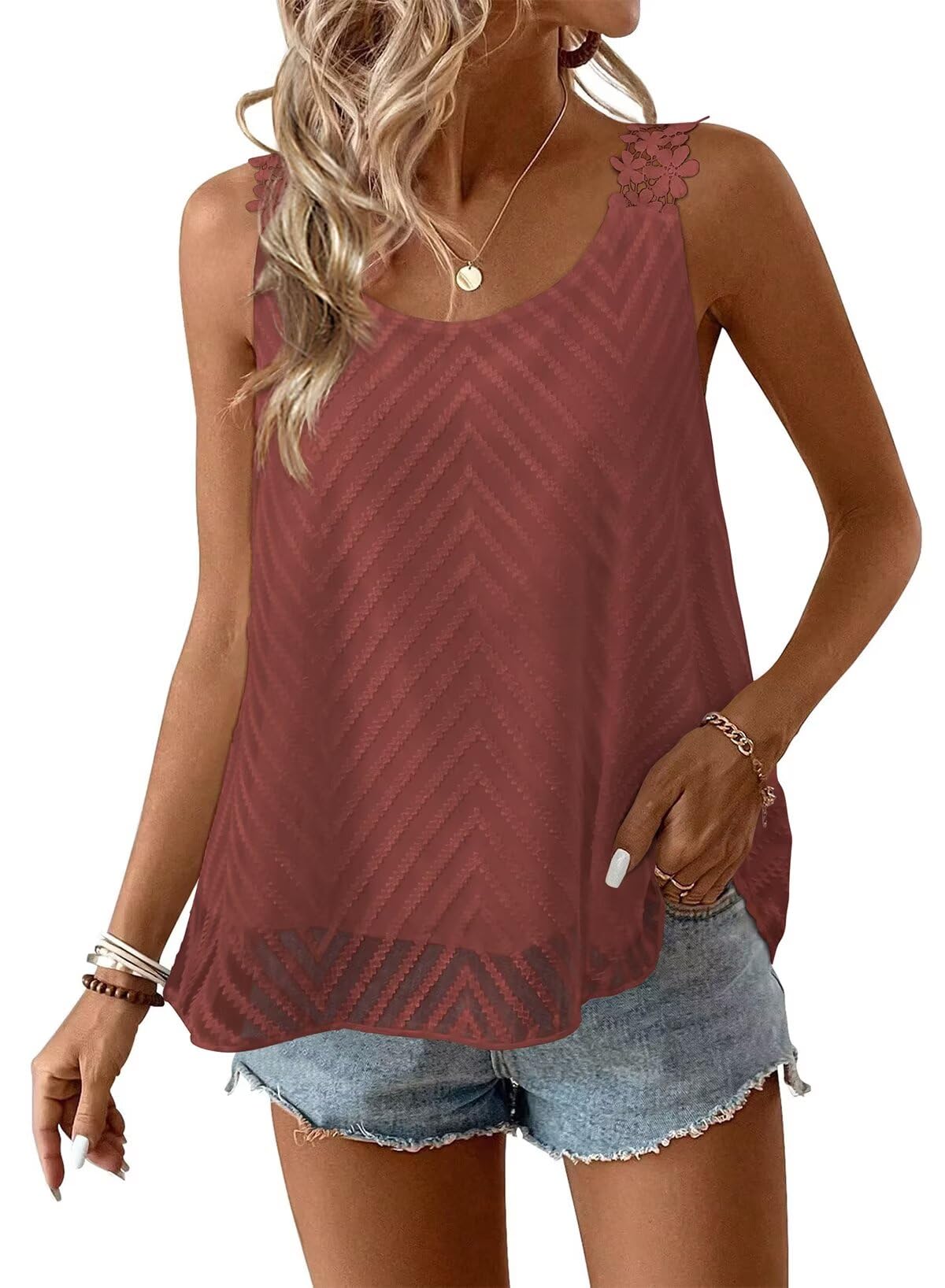 Falechay Tank Tops for Women Flowy Sleeveless Boho Summer Lace Camisole | Crewneck, Dressy Casual, Hide Tummy, Babydoll Chiffon Blouses, Swiss Dot, Crochet Tank Top, Beach, Holiday, Trendy 2026