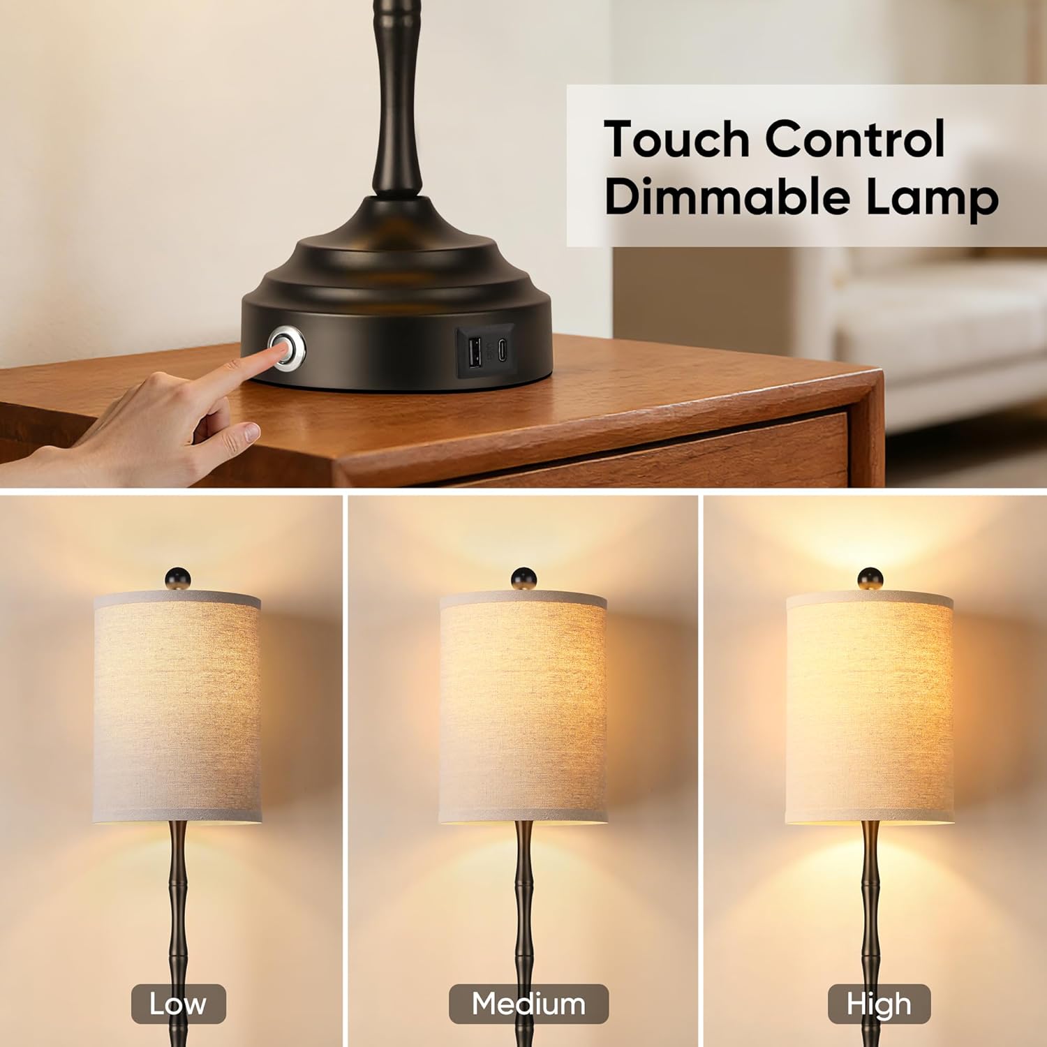 Qimh Buffet Lamps for Night Stands, 30.5" Tall Skinny Beside Lamps Set of 2 with Linen Shade and Stable Base, 2 LED Bulbs Morden Table Lamps for Living Room, Bedroom, Dinning Rooms, Entry, Home(Black)