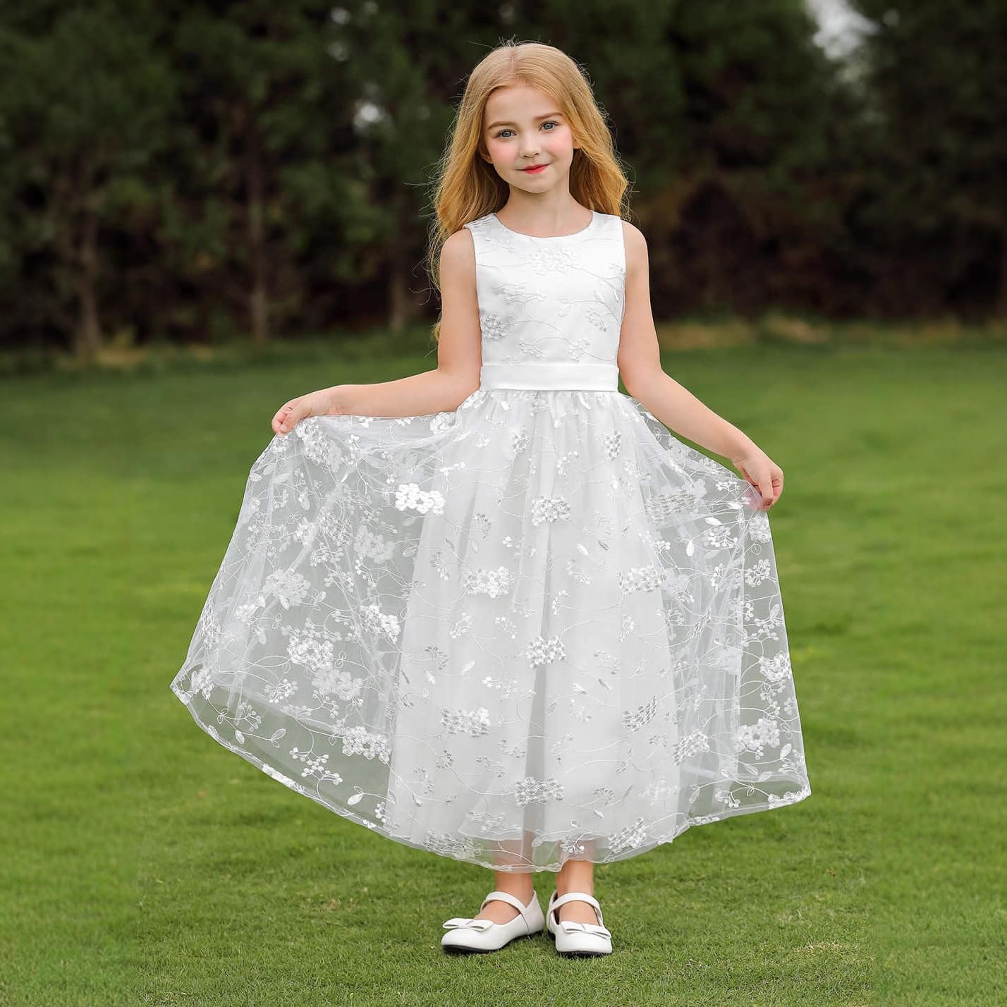 Odizli Prima Comunione Abito Ragazza Senza Maniche Pizzo Floreale Ricamo Matrimonio Lungo Vestito