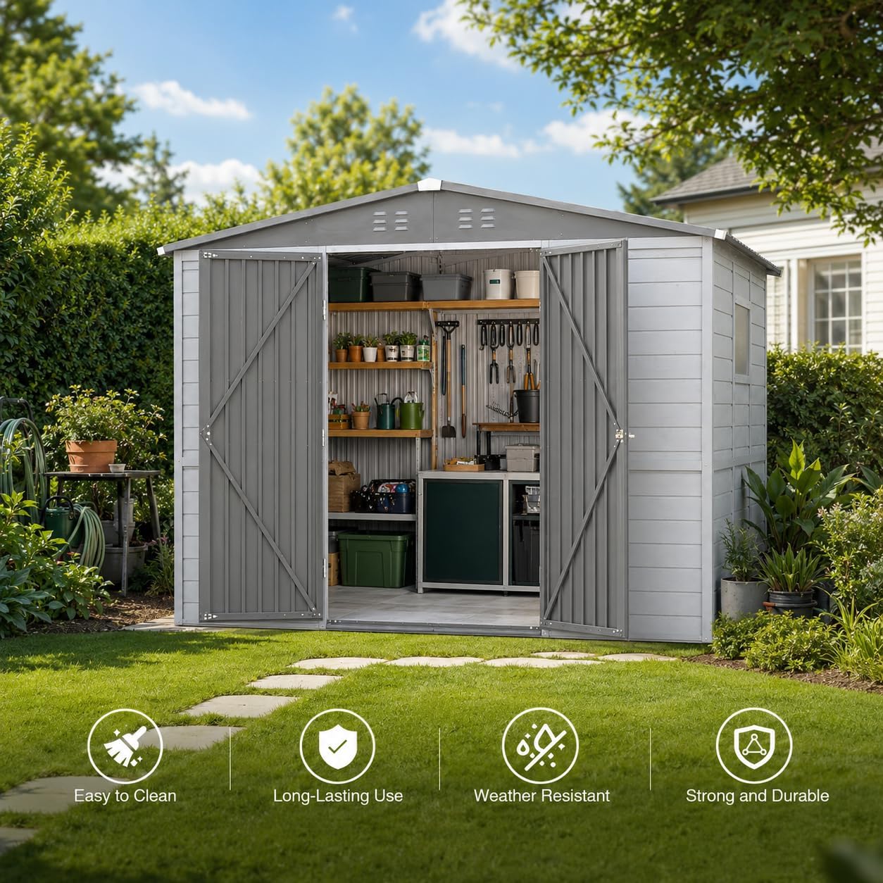 Outdoor Storage Shed, Wood-Metal Garden Tool Shed with Metal Roof, Lockable Double Doors, Window & Ventilation for Backyard, Patio, Lawn Garden, Multiple (8 * 10FT)