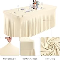 Vista 4 de Faldones de mesa de elastano marfil perlado para mesas rectangulares de 4 pies, mantel plegable elástico marfil perlado para bodas, fiestas