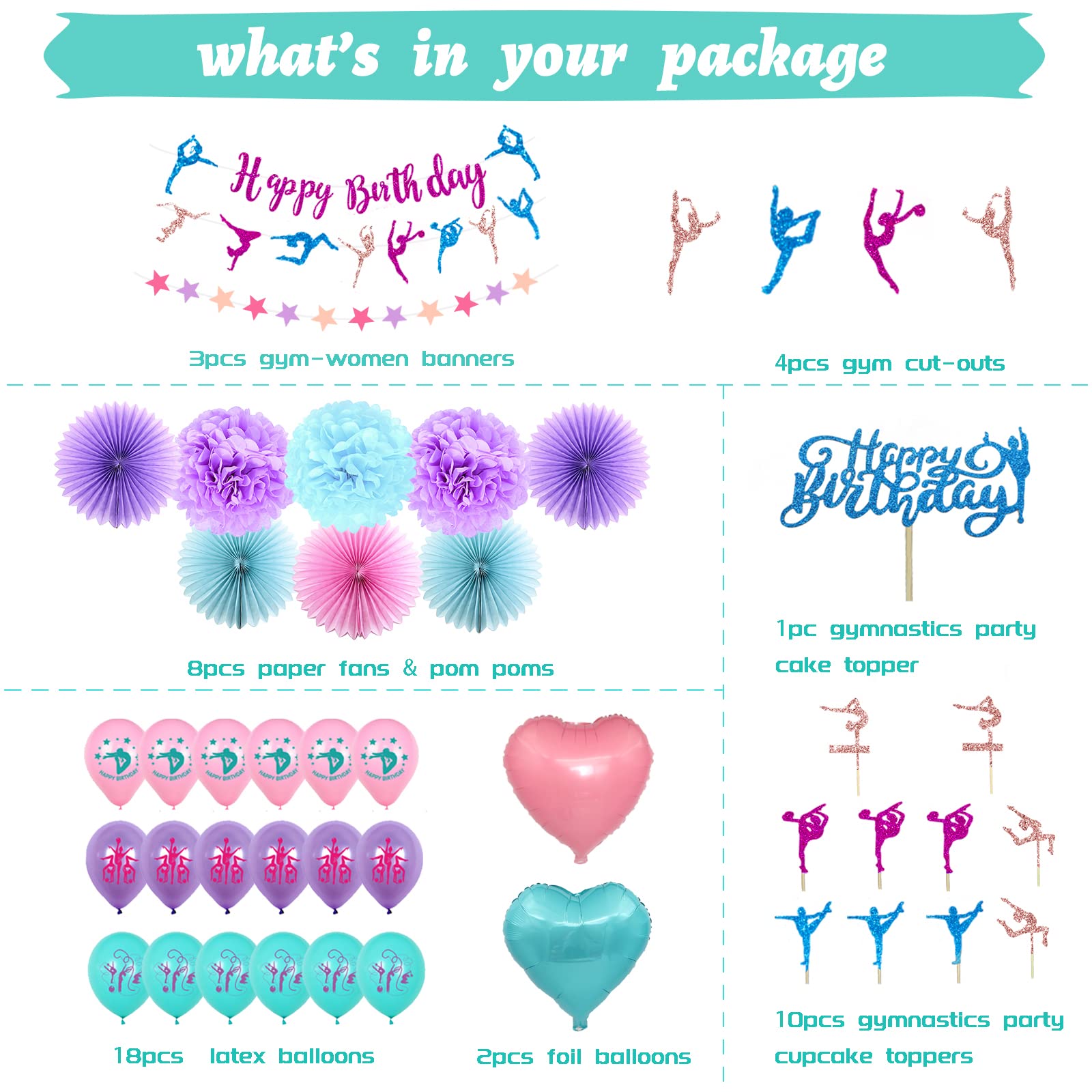 Gymnastics Birthday Banner - Purple Pink Blue Glitter Happy Birthday Sign For Girl's Gymnast Party