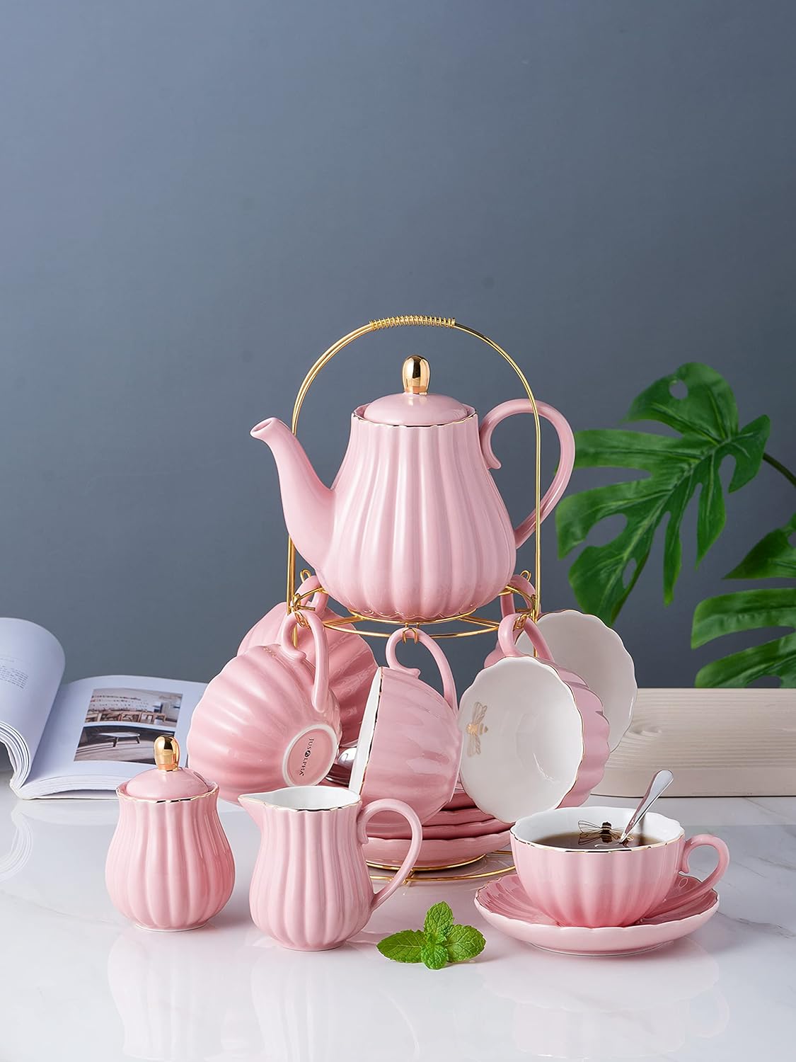 Jusalpha Service for 6- Fine China Pink Coffee Cup/Teacup Set, 8 OZ Cups& Saucer, with Teapot-Sugar Bowl-Cream Pitcher Teaspoons and tea strainer for Tea/Coffee- 24 PC (Pink, Serve of 6) - Image 3