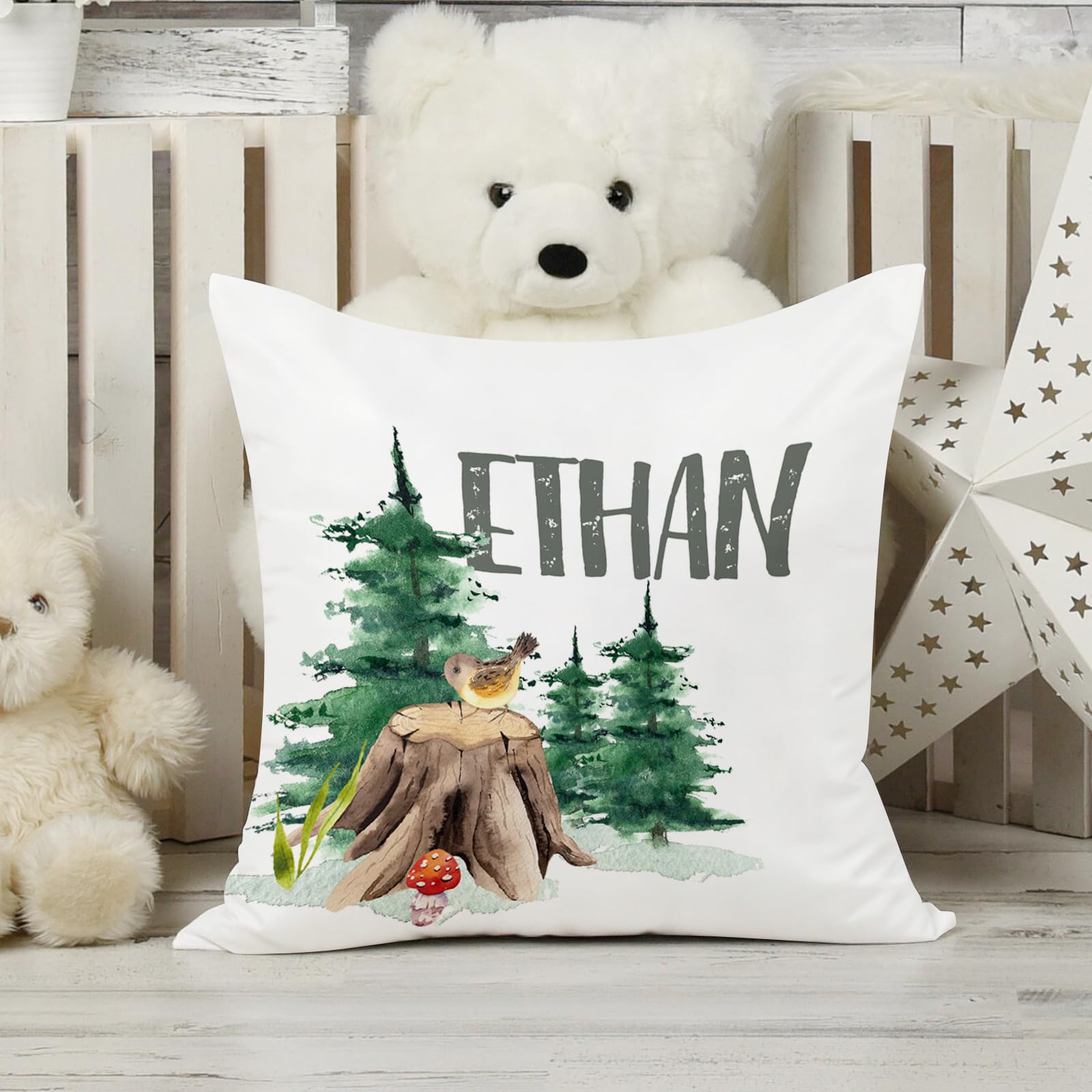 Individuelles Baby-Bettwäsche-Set – 5-teiliges Kinderzimmer-Bettwäsche-Set mit Waldtier-Design, personalisierte Namensdecke mit gepunkteter Rückseite, Kinderbettlaken, Wickelunterlage, Kissenbezug,
