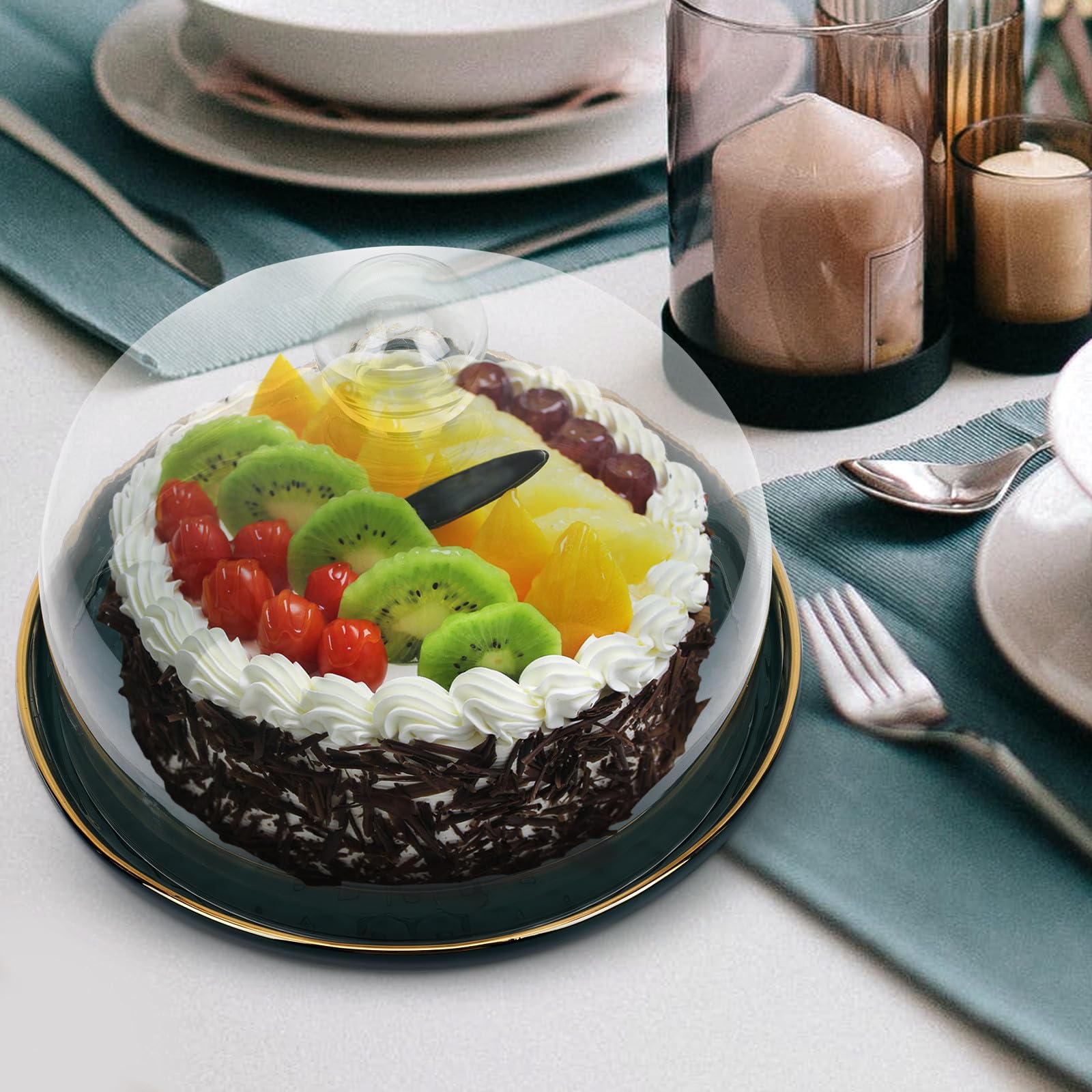 SEWACC Bandeja para servir postres con cubierta de vidrio transparente y base de cerámica verde, protección de alimentos para fiestas infantiles y cenas familiares, 1 set elegante