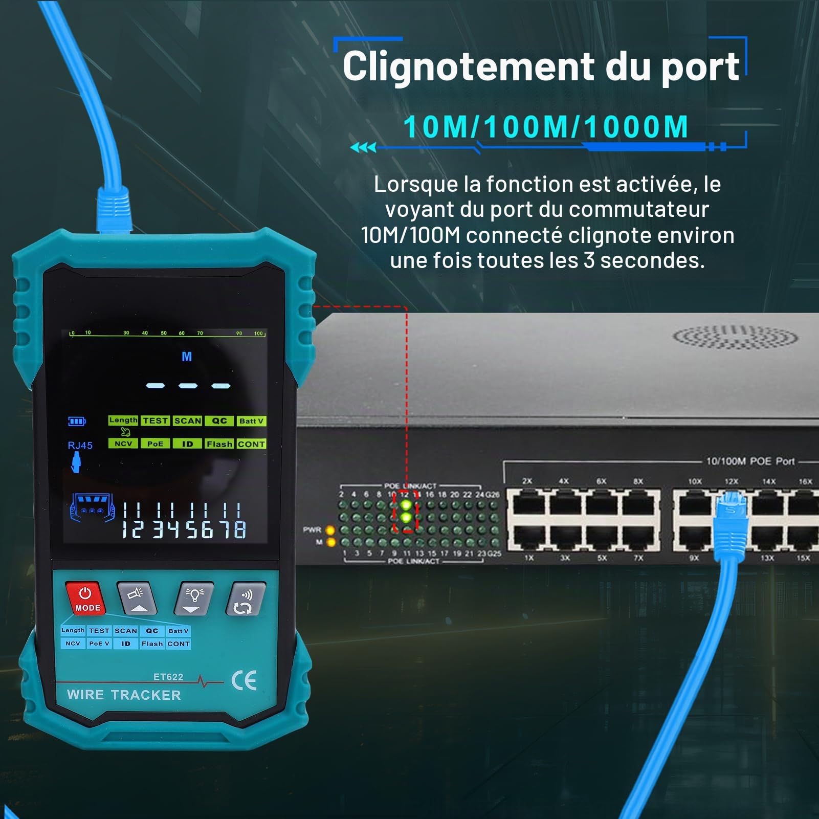 Testeur RJ45, Testeur de Cable rj45, Testeur de Câble Réseau Avec Détection de Tension POE, Traqueur de Câble, Mesure de Longueur RJ45 (400m), Test de Passage de Câble, Indicateur de Port Clignotant