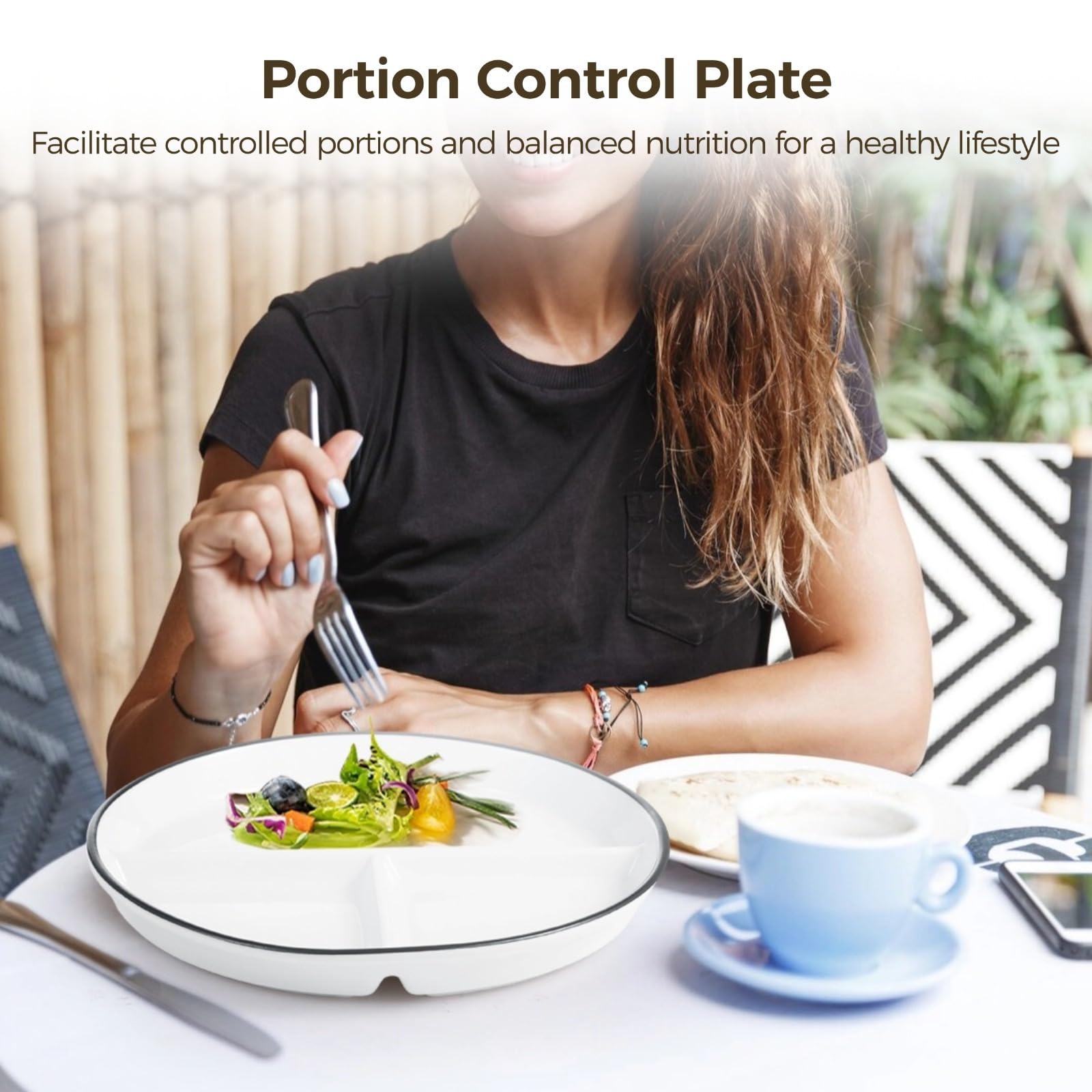 Lot de 2 assiettes de contrôle des portions, 23,6 cm en céramique divisée pour adultes, régime alimentaire en porcelaine, blanc pour repas équilibrés, diabète et perte de poids