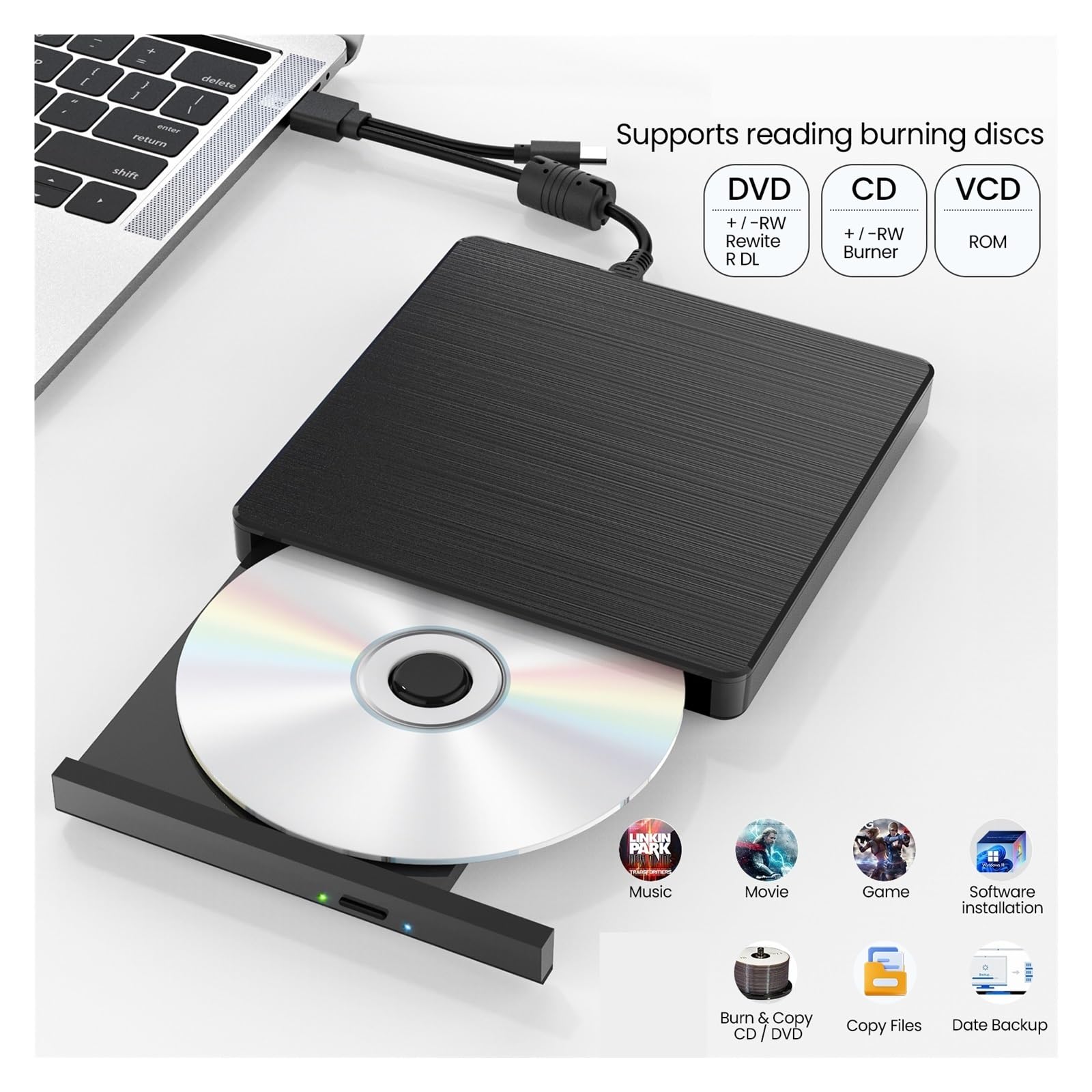 Lecteur DVD Graveur De DVD Externe USB 3.0 Et Type C, Graveur De Cartes Multifonction, Enregistreur CD/DVD, Lecteur Optique DVD RW