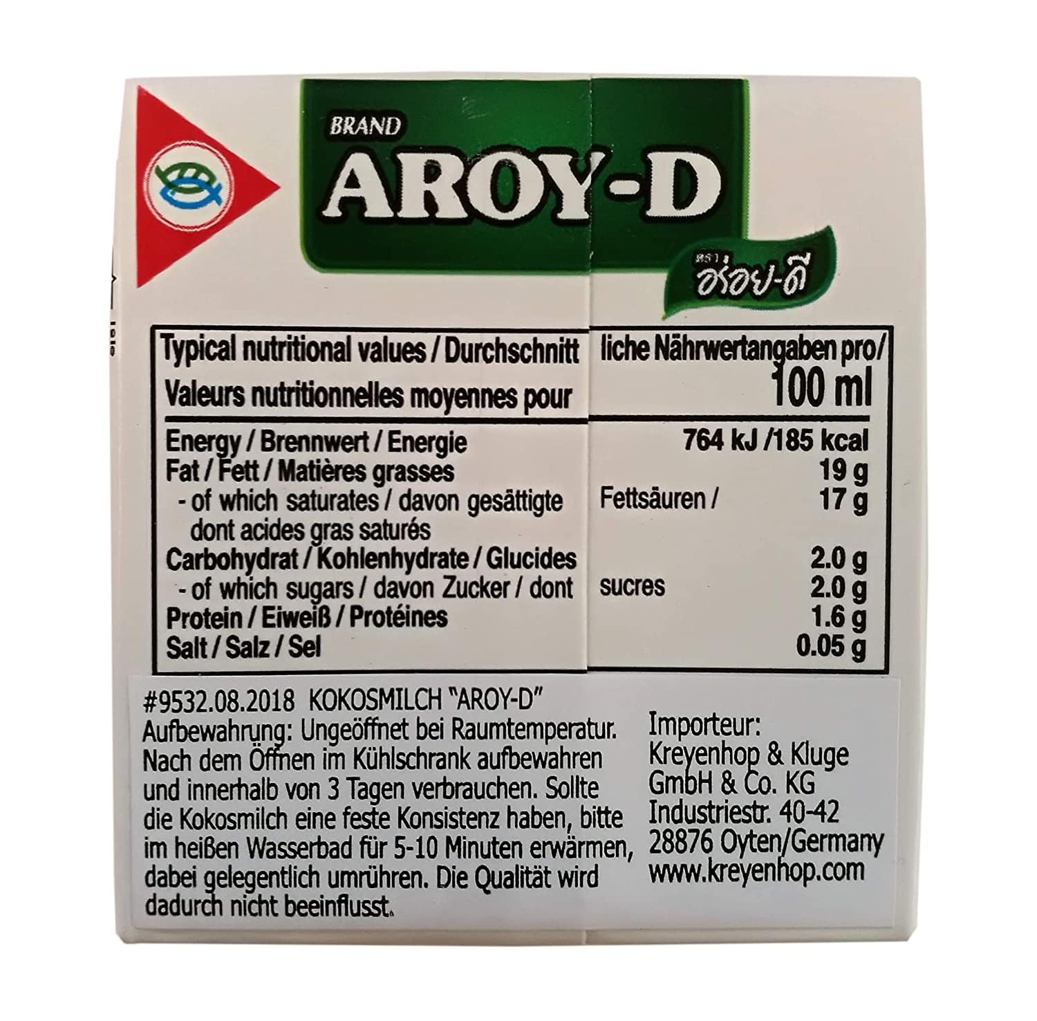 Paquete de 6 unidades de leche de coco AROY-D de 150 ml, leche de coco + un pequeño colgante de la suerte gratis