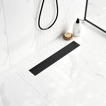 Neodrain 18-Inch Matte Black Linear Shower Drain,Stainless Steel Linear Drain with Quadrato Pattern Grate,Matte Black Rectangle Shower Floor Drain with Hair Strainer, Shower Drain Base
