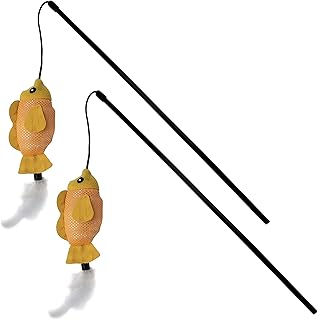 Pets First Cat Wand Toy. Set of 2. Cats Play with Fun Stick Toy, Soft Plush Cat Fish Toy with Feathers & Refillable Catnip That All Cats & Kitten Love to Play & Chase,Orange,PF-5033-2
