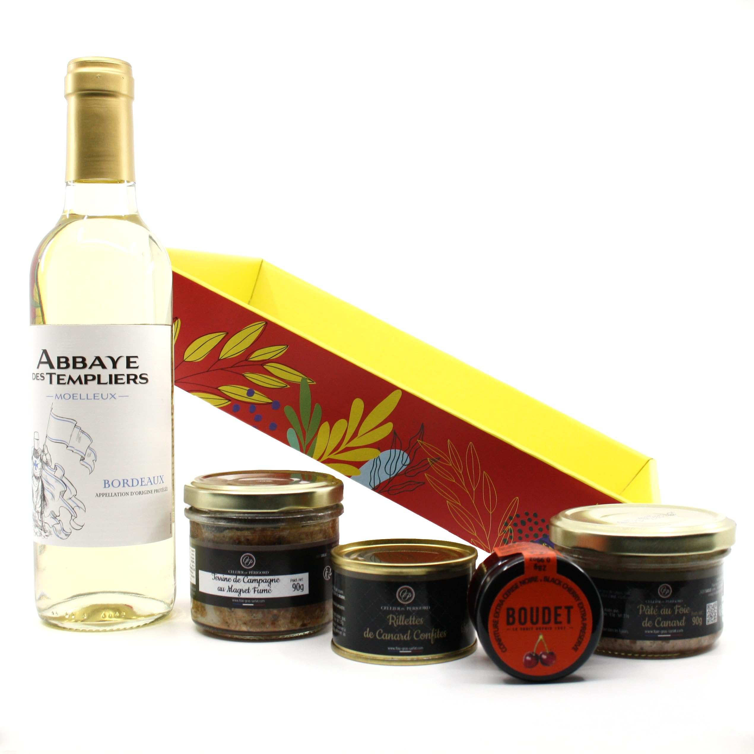 Cellier du Périgord Panier Gourmand Corbeille Vin Moelleux AOP | Corbeille gourmande : vin Côtes de Bergerac Moelleux AOP 37,5cl, pâté au foie gras 20%, terrines et pain d'épices du Périgord