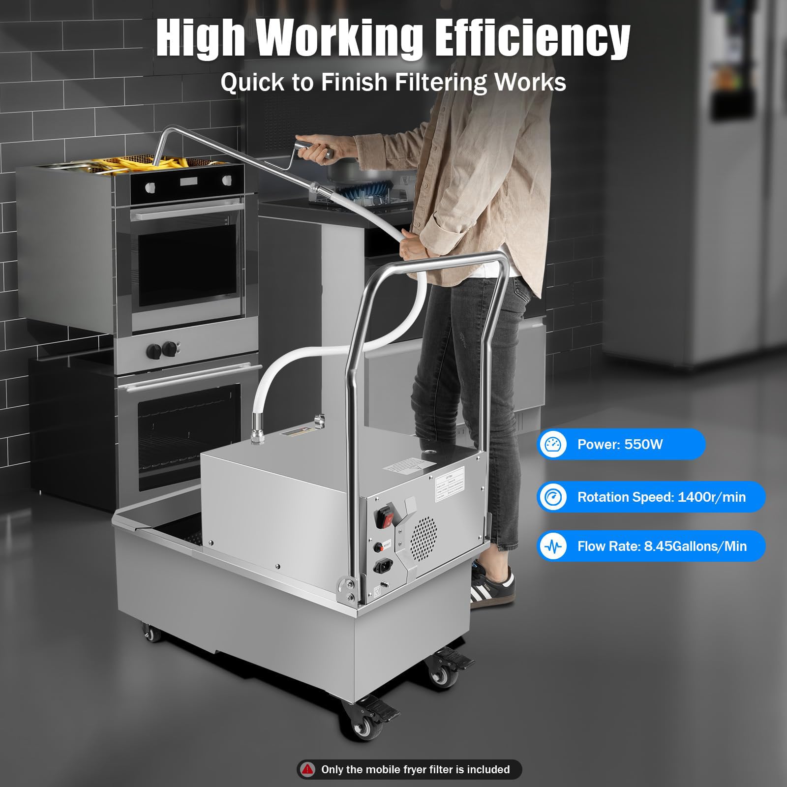 Máquina de filtro de freidora, máquina de filtro de aceite de acero inoxidable de 550 W, filtración de aceite móvil comercial de 55 litros, flujo de bomba de aceite de 8.45 galones/min, filtro de