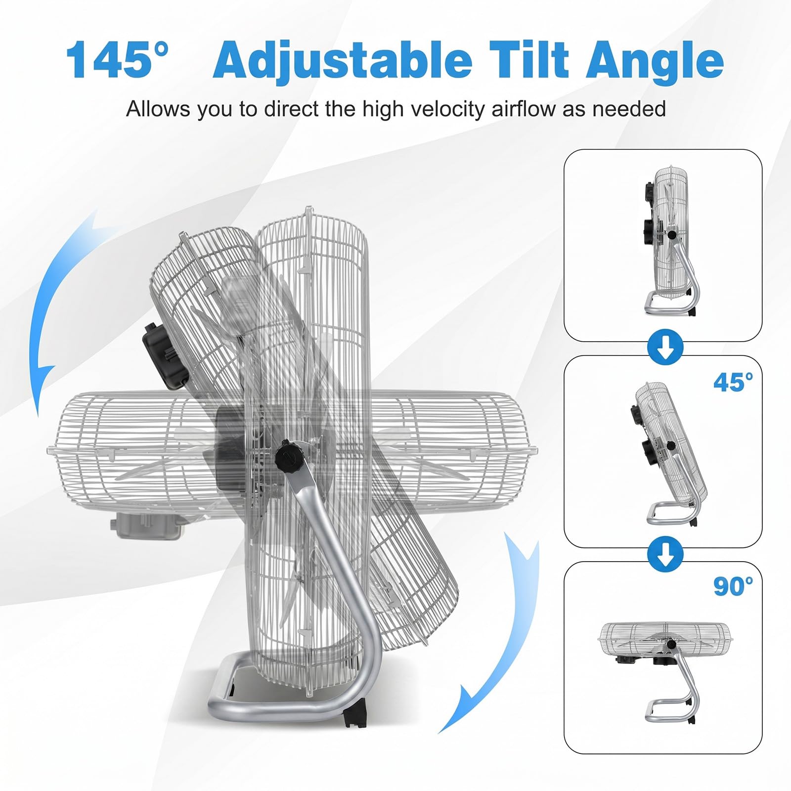 GYMAX Ventilador de Suelo, 160W φ57 cm Ventilador Industrial con 3 Velocidades, Inclinación Ajustable de 145°, Motor Potente, Aspas Metálicas, Alcance 6,5 m, Fan Silencioso de Metal para Garaje Taller