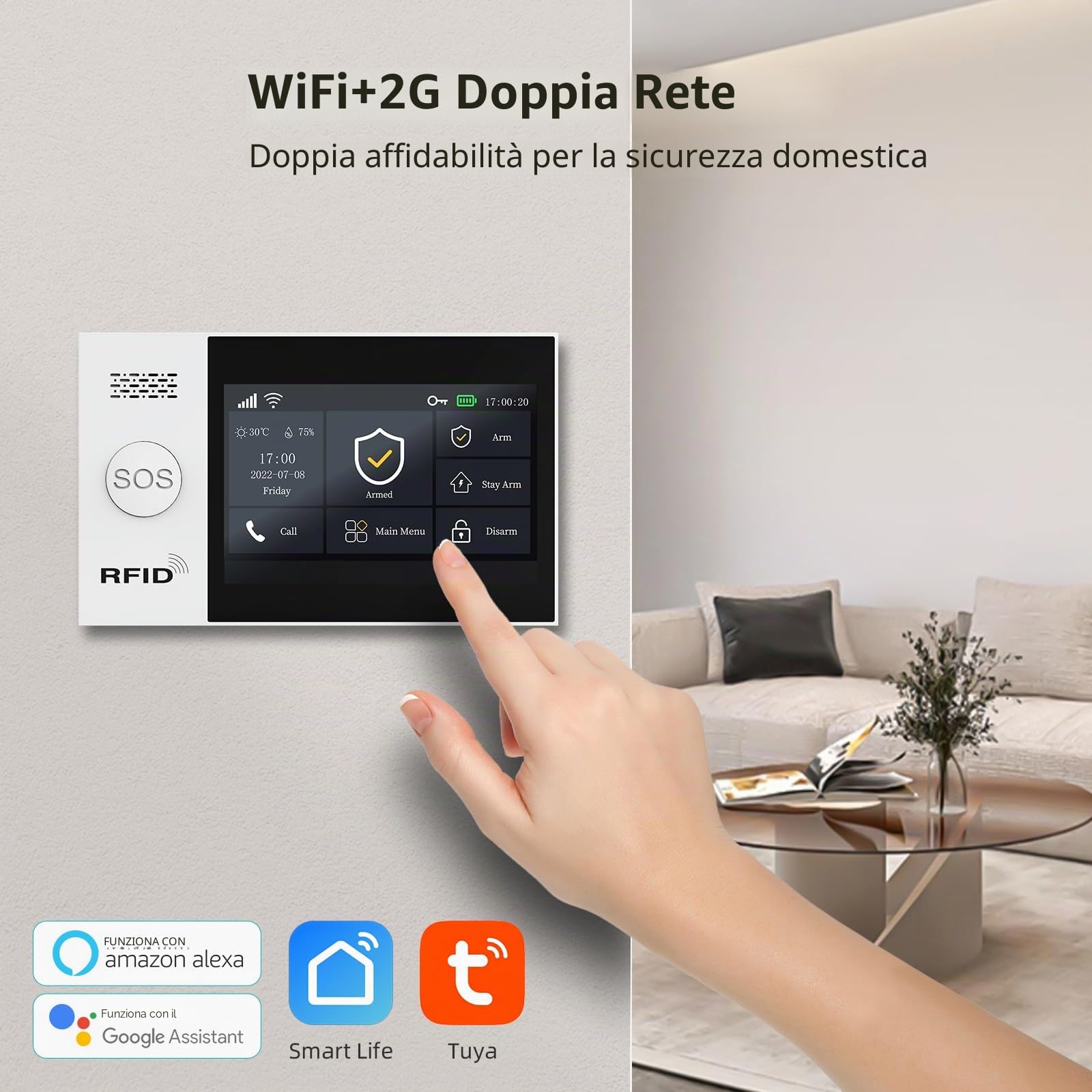 XNY Schermo Tattile Completo Allarme Casa Senza Fili WiFi GSM, Allarme Casa con Sirena, Antifurto Casa Wireless con Avviso APP, 8 Pezzi: Sensore di movimento, Sensore per Porte e Finestre, Telecomando
