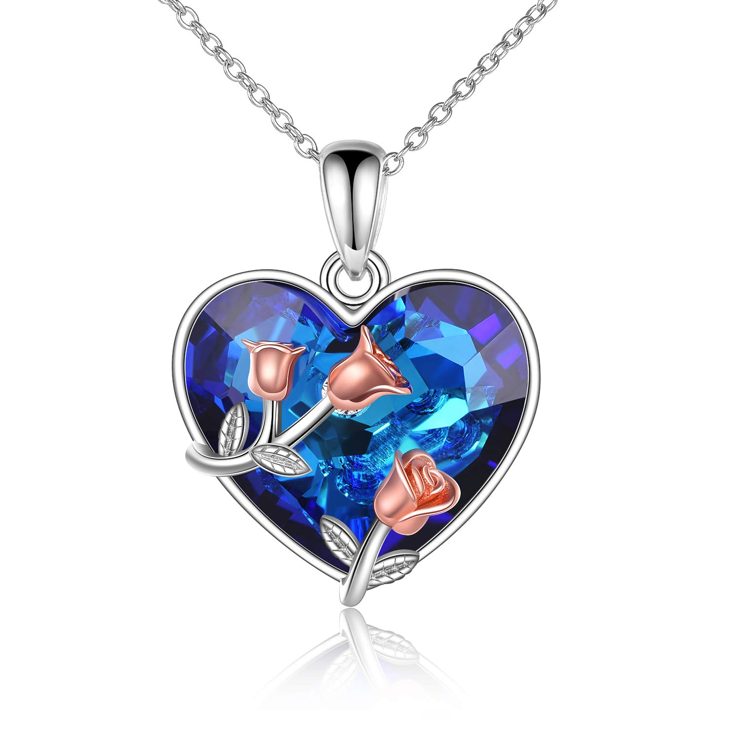 Collares de flores de rosas de corazón de plata esterlina para mujeres con cristales azules de Austria Collar de oro rosa Regalo de joyería de corazón para esposa y novia