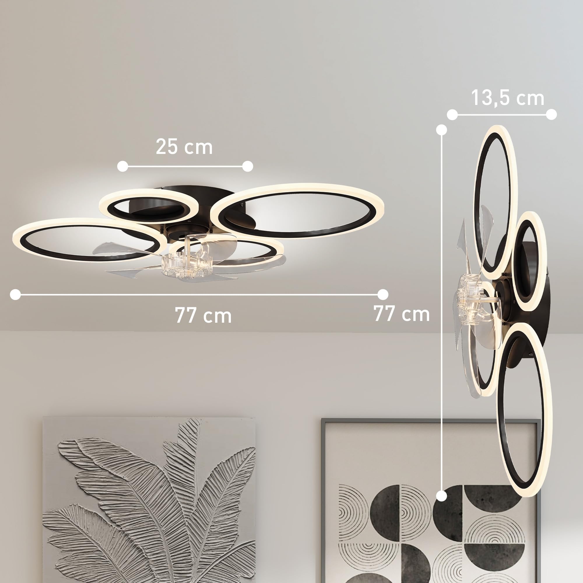 HOMCOM LED Deckenleuchte mit Ventilator 77 cm mit Fernbedienung Schwarz | Leise Deckenventilator mit Beleuchtung, 6 Geschwindigkeiten, 3 Farbtemperaturen, DC Motor, Timer, für Wohnzimmer