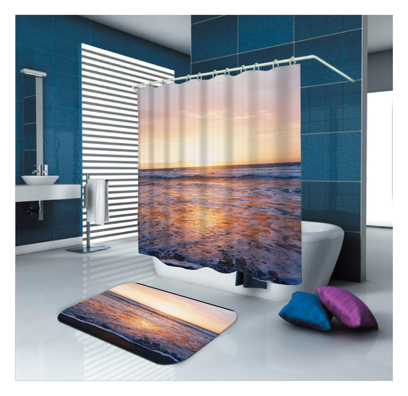 Rideau de douche textile 120x180 cm motif coucher de soleil plage en polyester