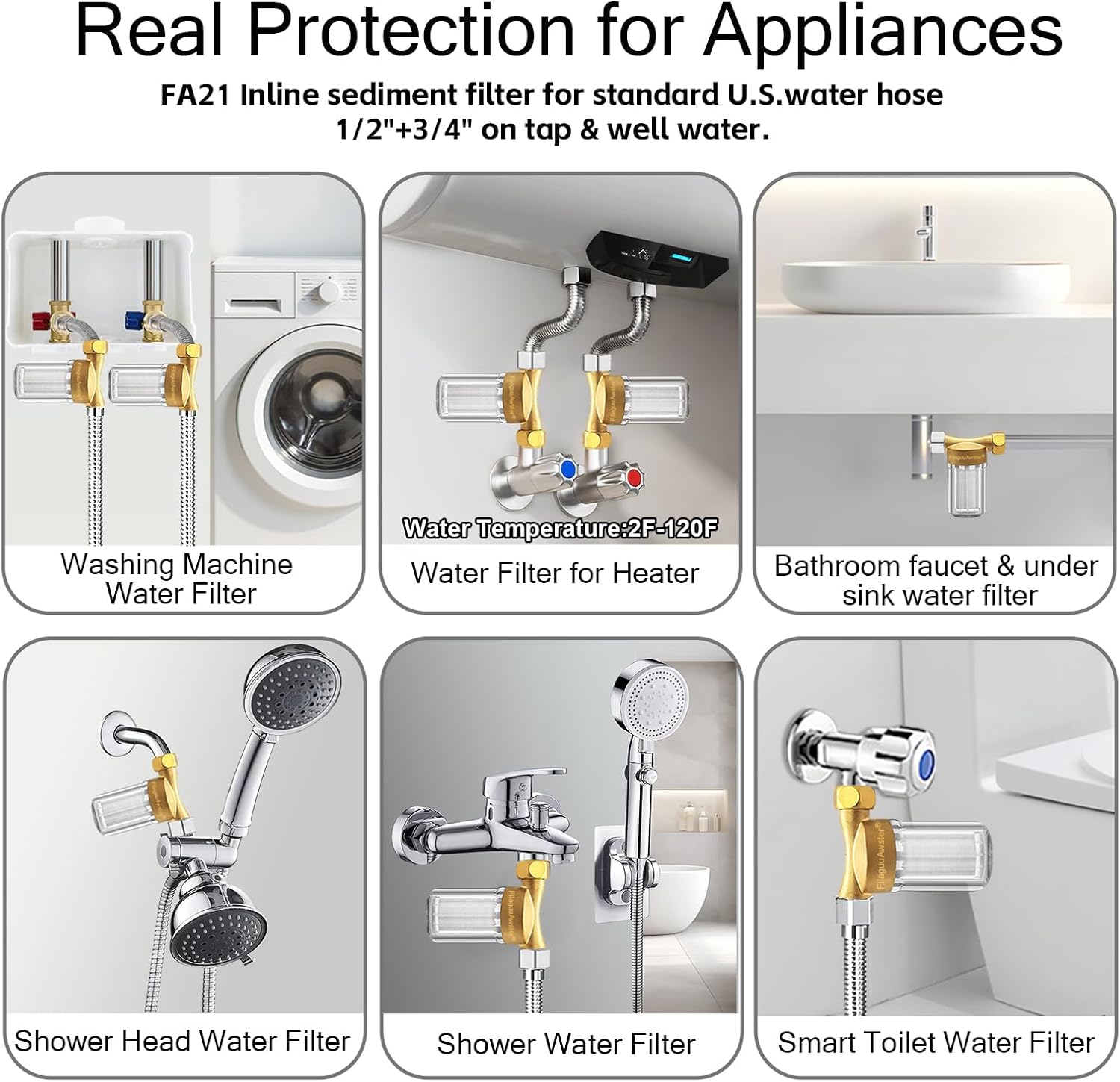 FA21 Washer Water Filter Reusable, brass garden hose filter with 3/4" adapters, 40-50 Micron, inline sediment filter for washing machine shower well water RV Car Wash - Image 6