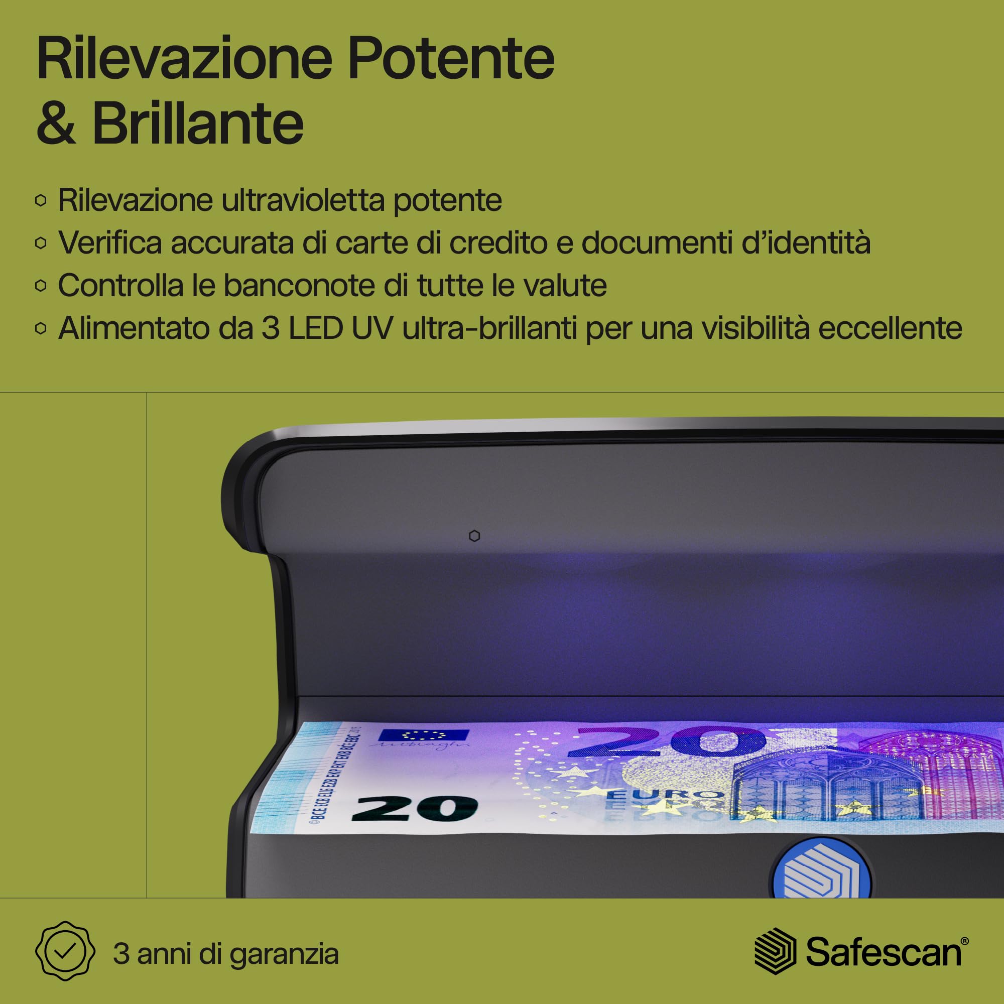 Rilevatore Banconote False Aneken AL-17 Con 2 LED UV 1800 Lm – Verifica Banconote, Carte E Documenti, Adatto A Tutte Le Valute