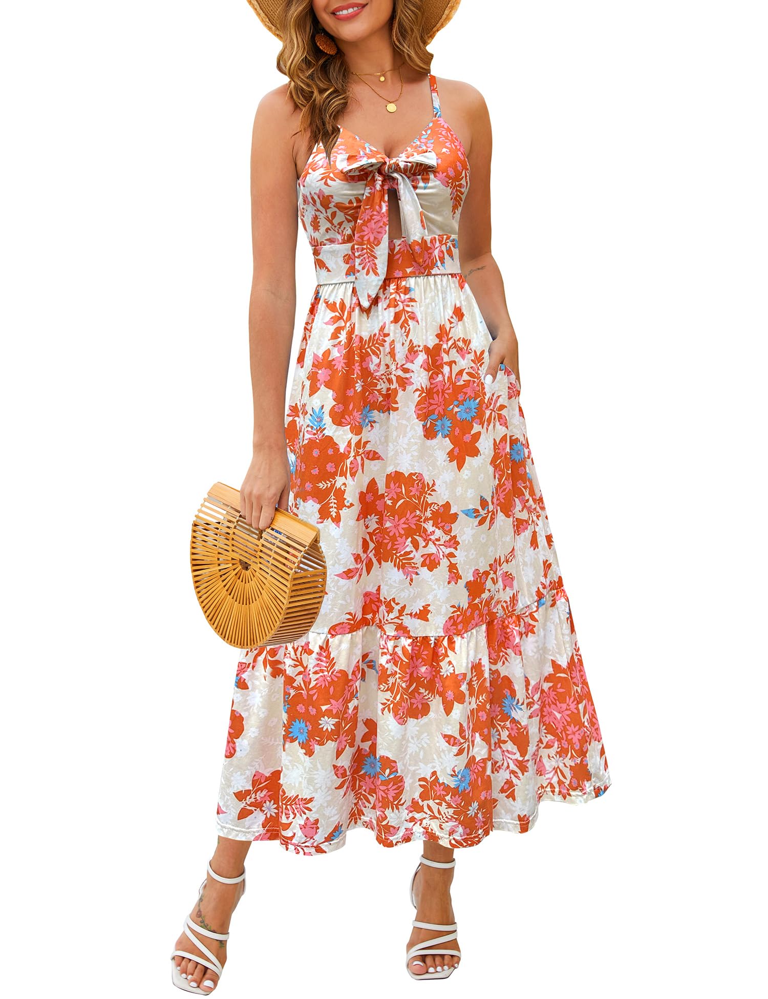 Kranda Women 2026 Summer Sundress High Waist Tie Front Spaghetti Strap Long Beach Floral Tiered Maxi Dress with Pockets