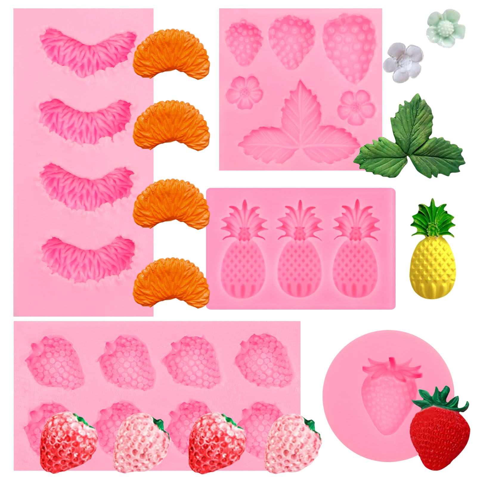 5 Pcs Strawberry Fondant Molds Orange Fruit Shaped Silicone Chocolate Molds 3D Strawberry Pineapple Silicone Mold for Baking Cupcake Topper Candy