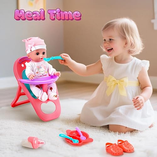 Miniatura 2 de CUTE STONE Juego de Muñeca Bebé de 12" para Niñas – Juguete de Juego de Simulación de Cuidado de Bebé con Moisés Portátil, Silla Alta, Ropa y