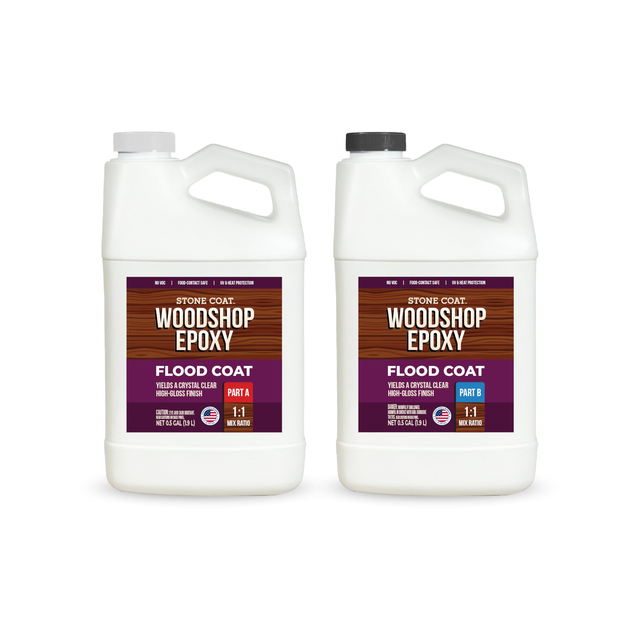 Stone Coat Woodshop Epoxy Flood Coat, 1 Gallon Kit - Crystal Clear, Food-Safe, Low VOC, UV-Resistant Epoxy Resin, High Gloss Protective Finish for