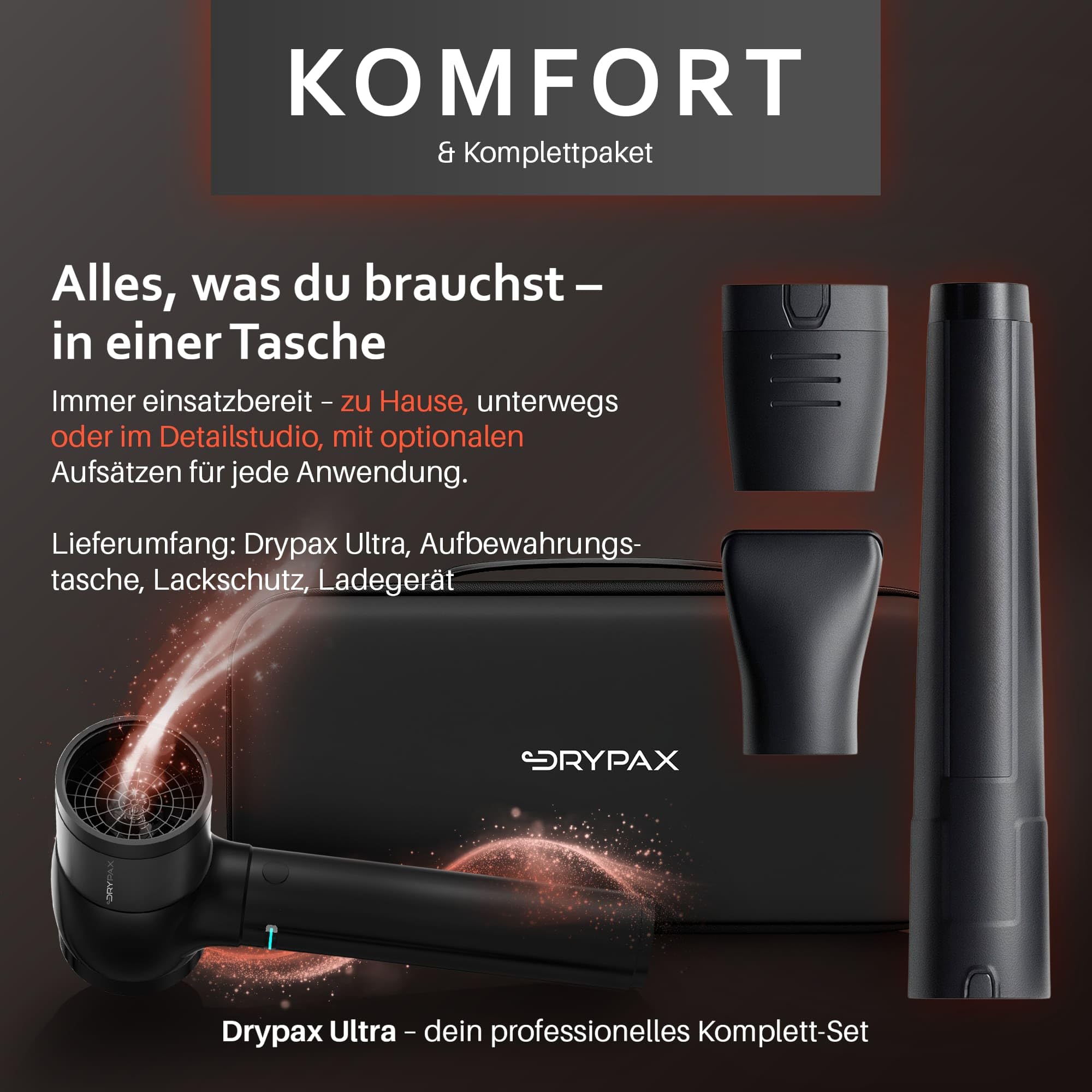 Ultra Fahrzeugtrockner – Luftgebläse mit bis zu 260 km/h Windgeschwindigkeit – Leistungsstarkes Autotrockner-Gebläse – Mobiler Druckluftreiniger für glanzvolles Finish – Druckluft Auto-Trockner
