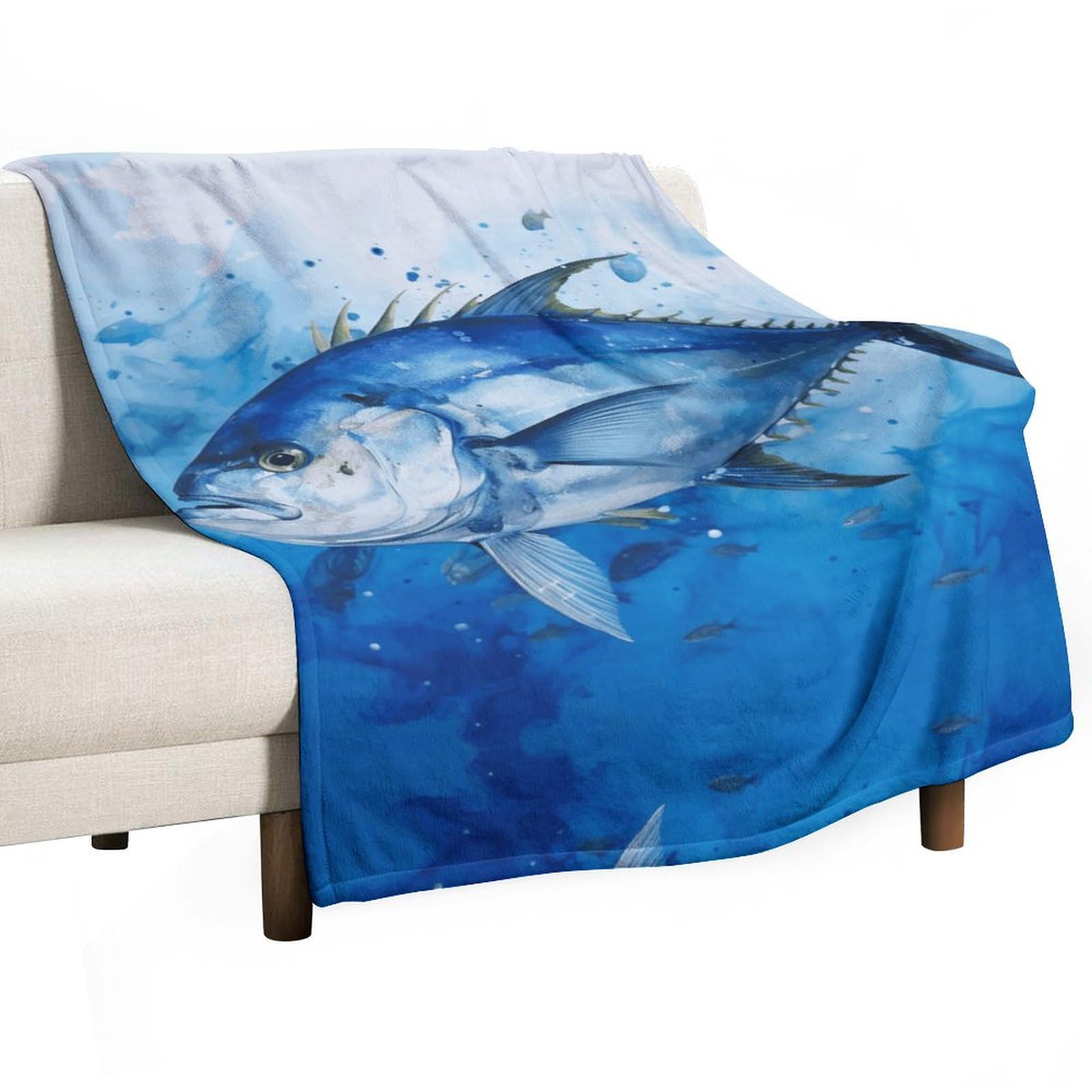 Couverture flanelle poisson bleu pour vos soirées canapé, pique-nique et voyage