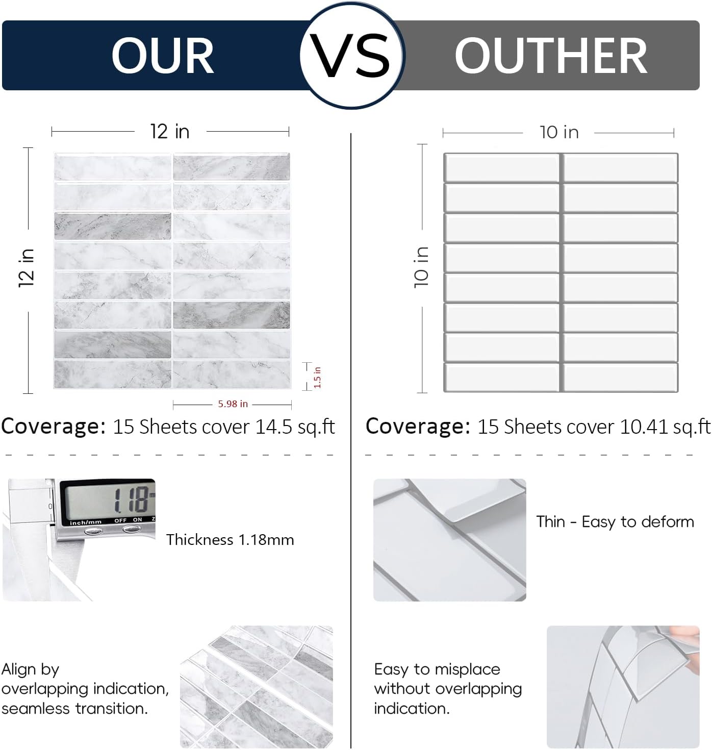 FunStick 15pcs Peel and Stick Subway Tile Backsplash for Kitchen Wall 12x12 Removable Marble Grey White Peel and Stick Tile for Bathroom Shower Renters Self Adhesive Back Splash Stick on Tiles Sticker