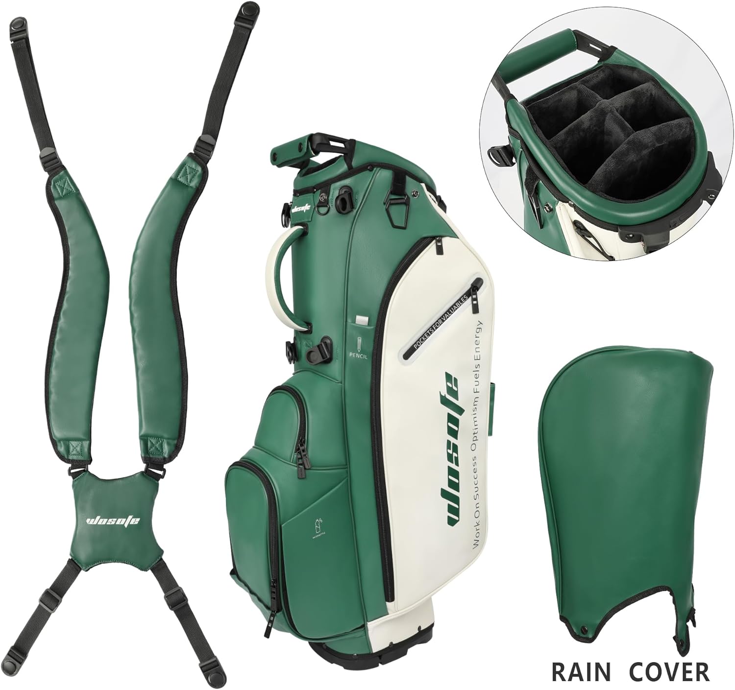 WOSOFE PU Golf Bag with 6/14 Way Top Dividers Automatically Adjustable Dual Straps Elegant Design for Men Women Pu Golf Stand Bag with Multiple Pockets