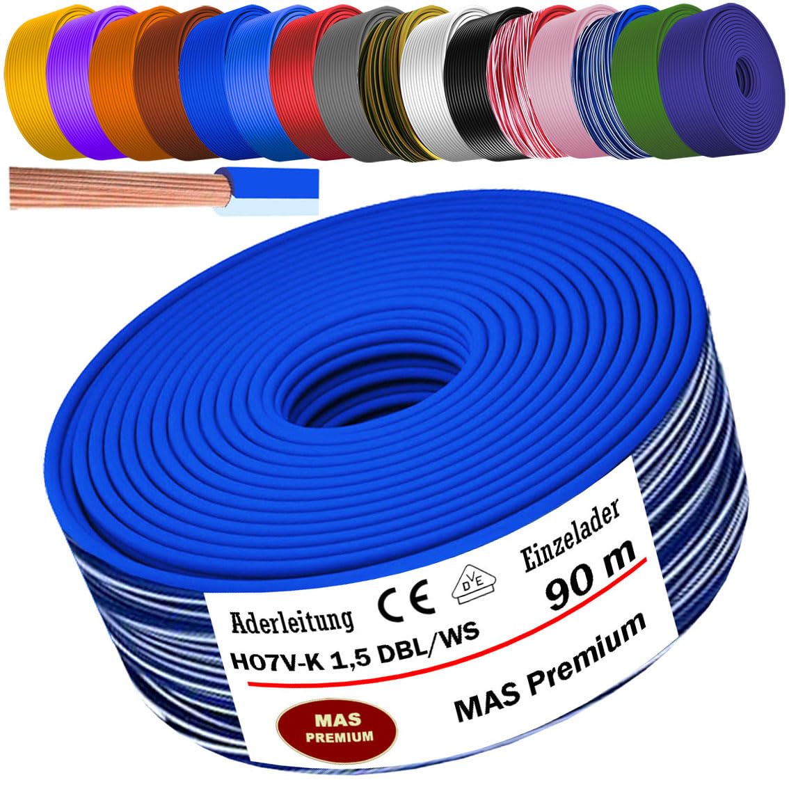 MAS Premium Câble conducteur H07 V-K 1 x 1,5 mm² SW HBL GNGE GN RT DBL BR OR GR WS VIO U-MAR.BL RS RTWS DBLWS ou GE - Fil individuel flexible de 5 à 100 m (bleu foncé/blanc, 90 m)