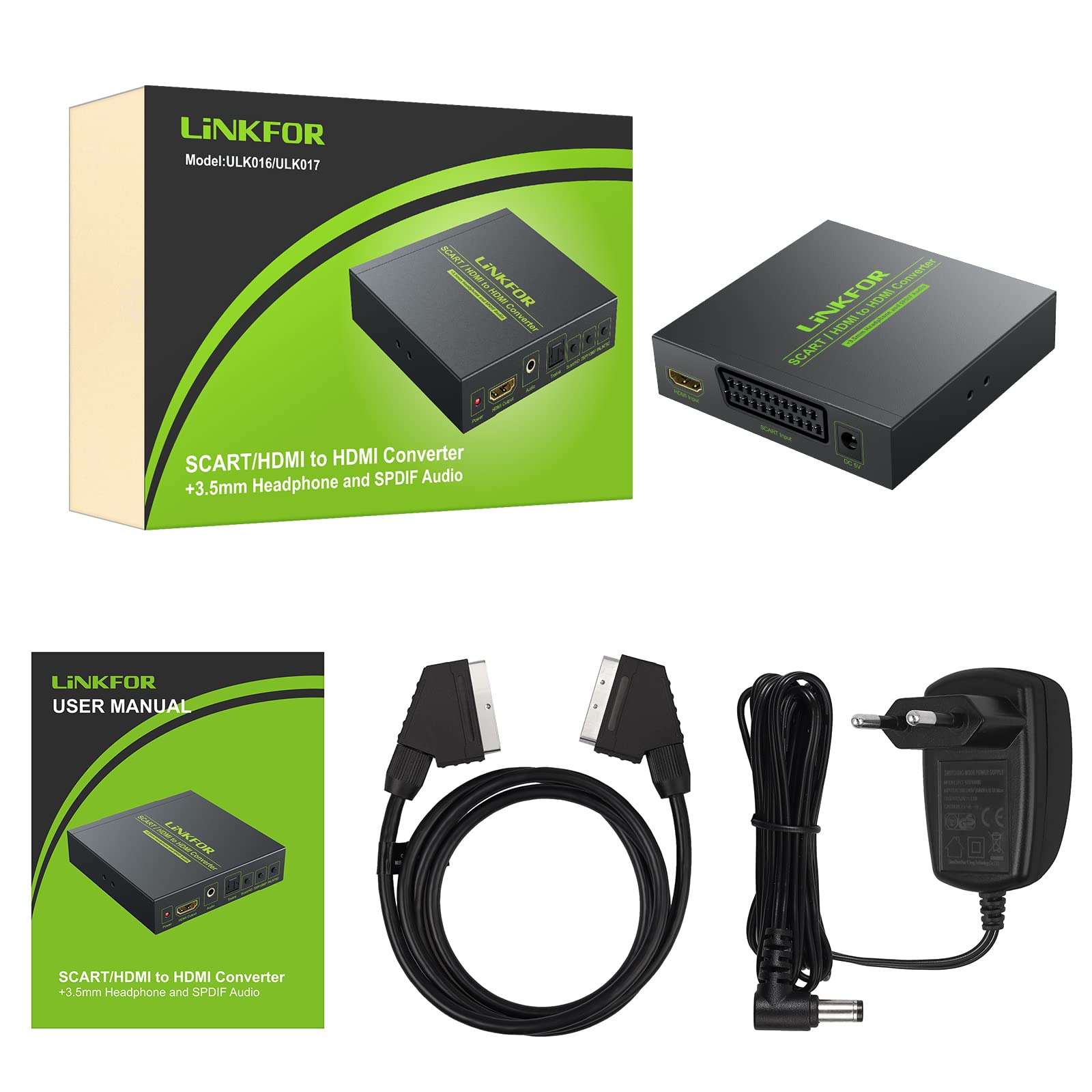 LiNKFOR Scart zu HDMI 720p/1080p Konverter mit 3,5 mm Kopfhörer und SPDIF-Stereo-Audio NTSC und PAL kompatibel für HDTV STB PS3 PS4 Sky Blu-Ray DVD mit Adapter