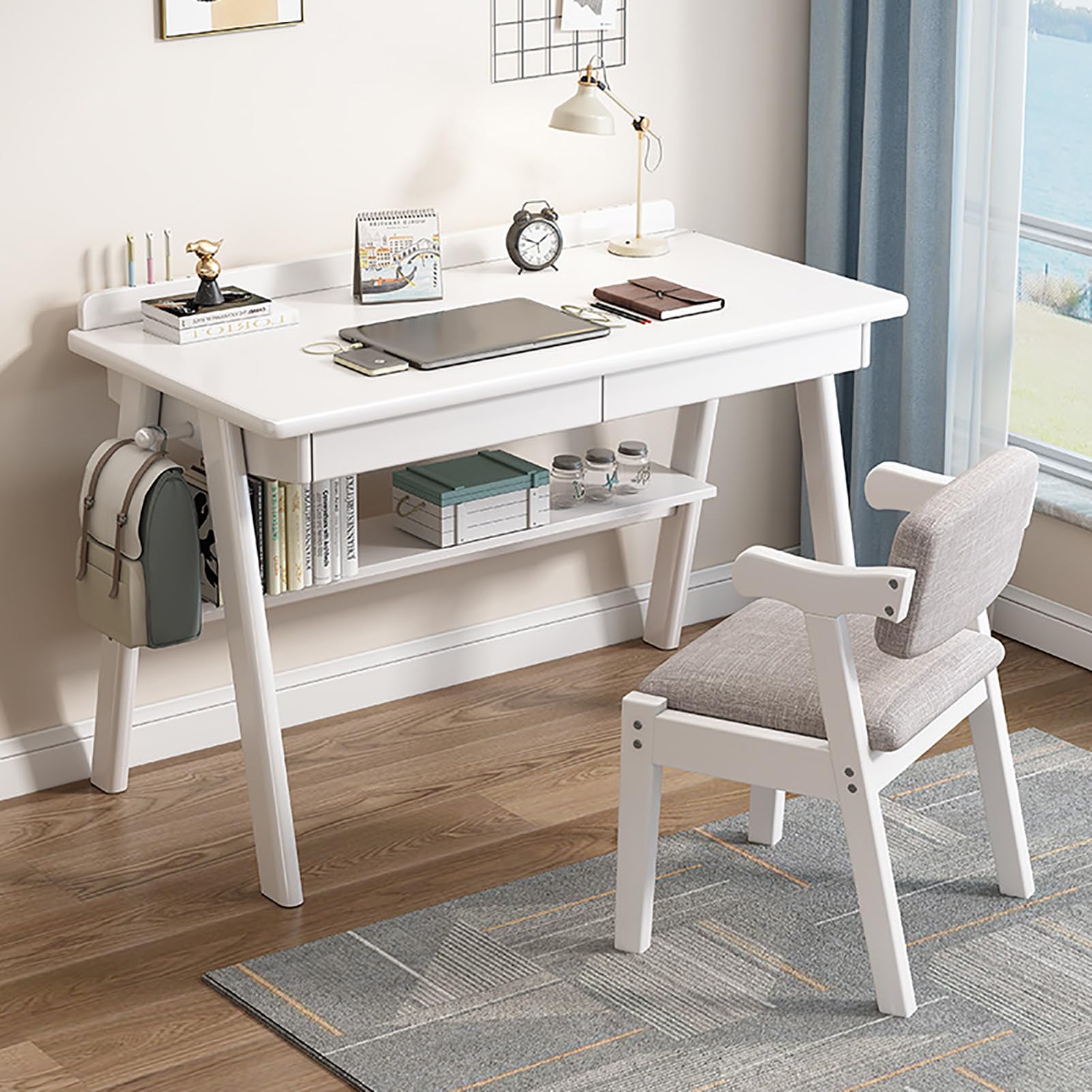 Escritorio moderno de madera maciza de mediados de siglo, escritorio de 2 Der Cuter con estante Sto y Hoo, oficina en casa para niños, color blanco h (39 x 22 x 30 pulgadas)