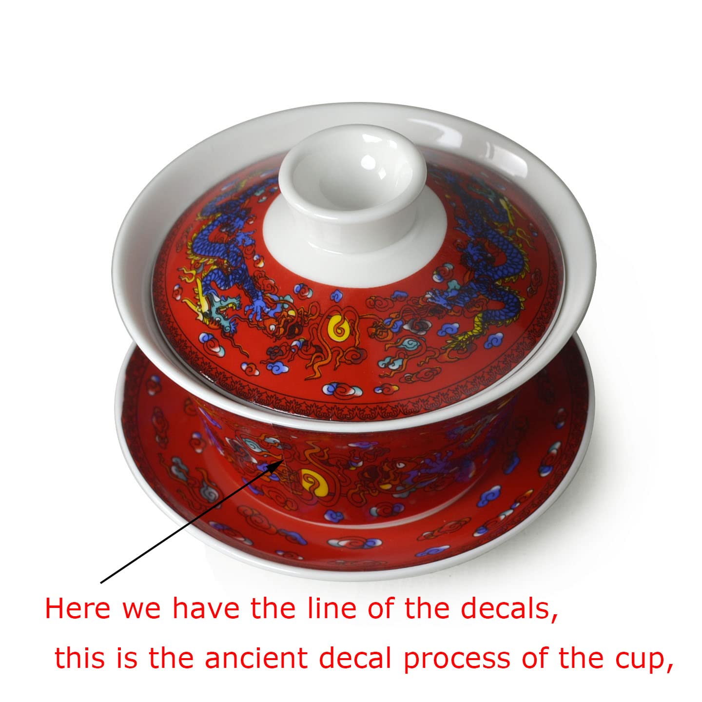 Gaiwan Taza de té 7 oz Chino Dragon Sancai Cubierta Bowl Lip Saucer Set para té Gongfu (rojo)