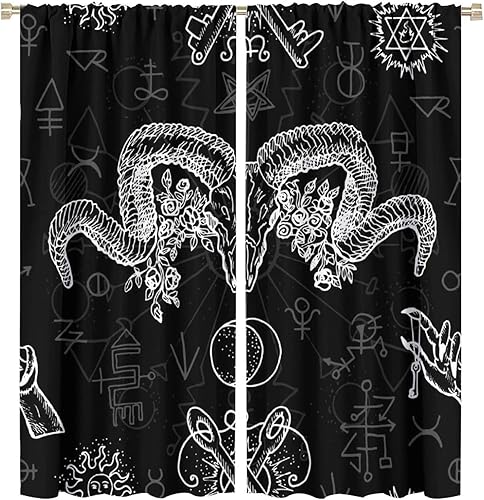Vista 163 de Cortinas de cabeza de cabra, misteriosa cabeza de cabra malvada, calavera negra, bolsillo para barra, cortinas opacas para ventana, juego de 2
