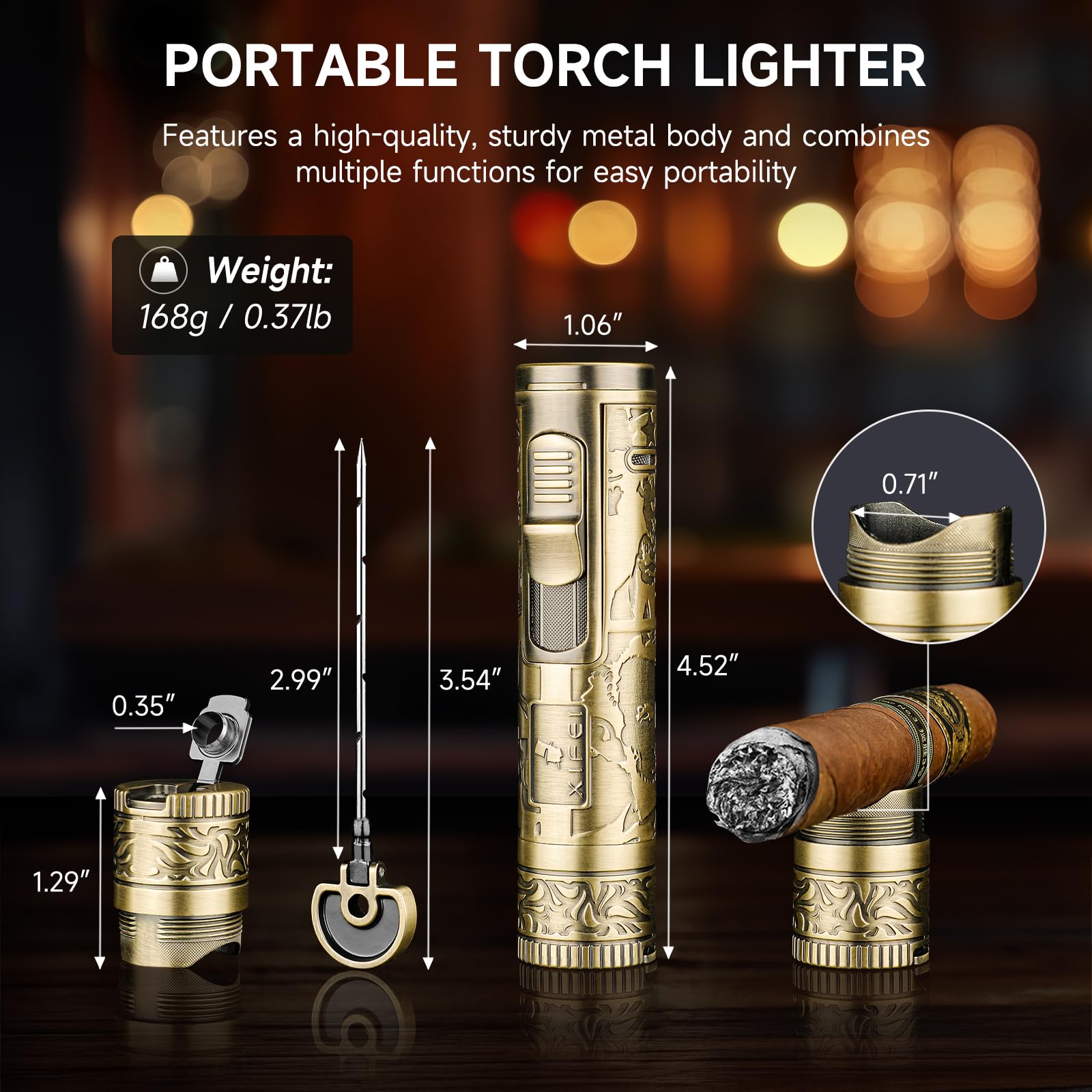 XIFEI Taschenlampe Feuerzeug, 4 in 1 Zigarrenfeuerzeug mit Jet Flame, Punch, Halter, Draw Enhancer, Winddicht Nachfüllbar Butan Feuerzeuge, Multifunktions Zigarren Zubehör Geschenk für Männer (Bronze)