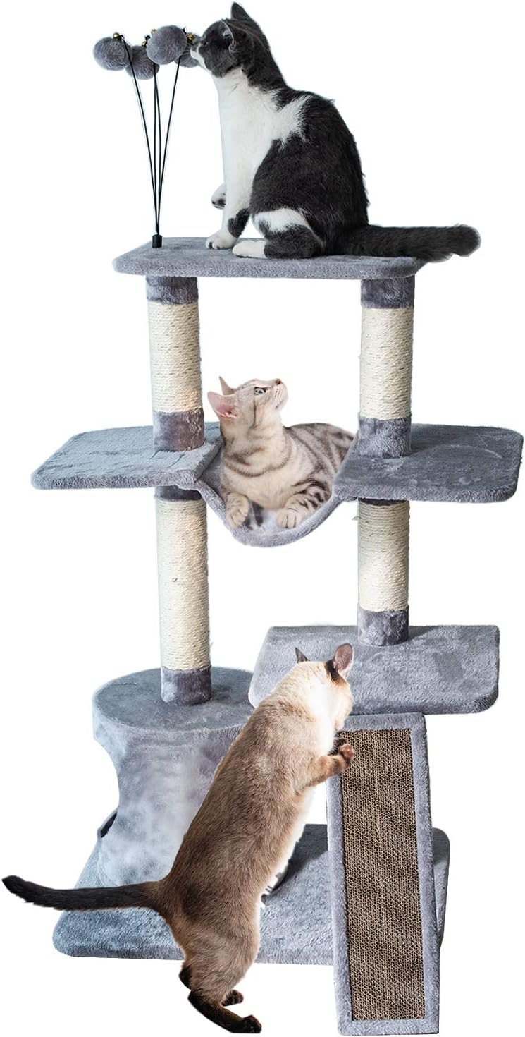 Catry Four-Level Cat Tree Condo Gray with Natural Sisal Scratching Posts, Teasing Toys, Scratching Pad