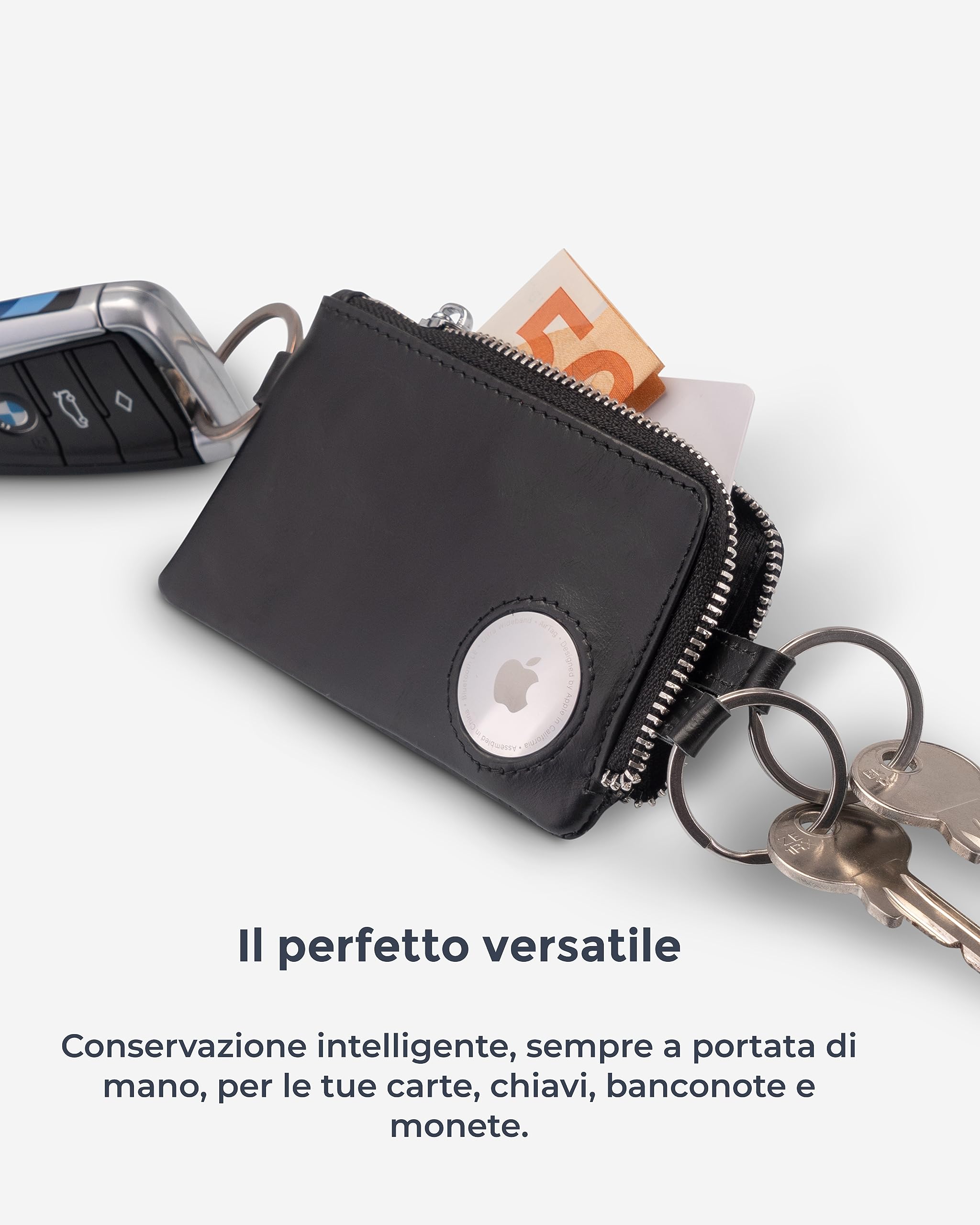 ISENTIALS AirTag* Portachiavi, portachiavi in pelle premium con porto AirTag visibile e invisibile, organizzatore chiavi con spazio per 12 chiavi e chiave auto - (Nero)