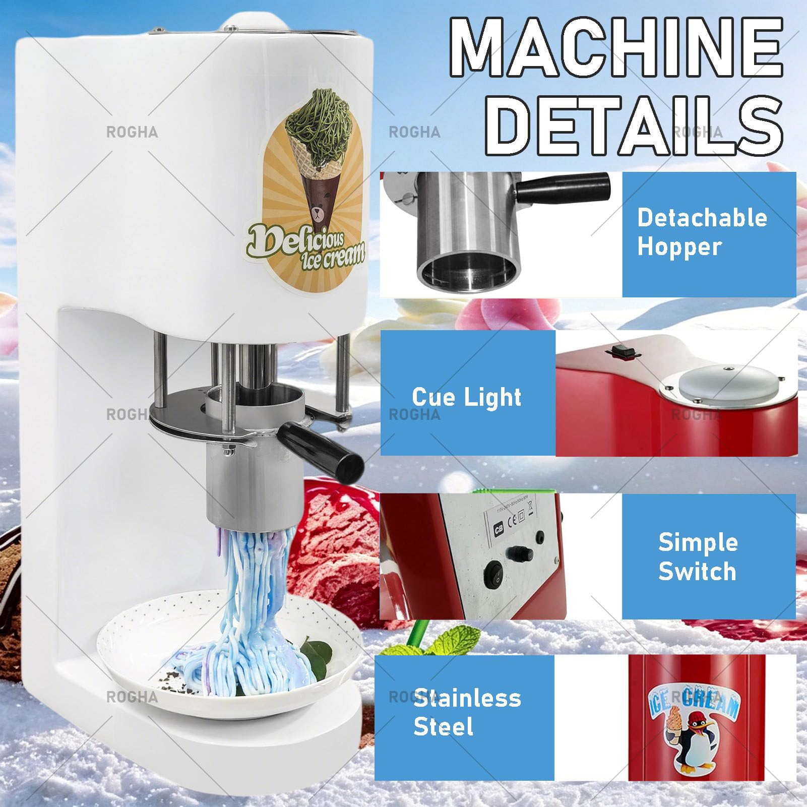Máquina Comercial para Hacer Helados Tipo Espagueti, 80 W, con Tolva de Acero Inoxidable de 0,42 L y 4 Moldes de Formas. Extrusora Profesional de Fideos de Helado Red