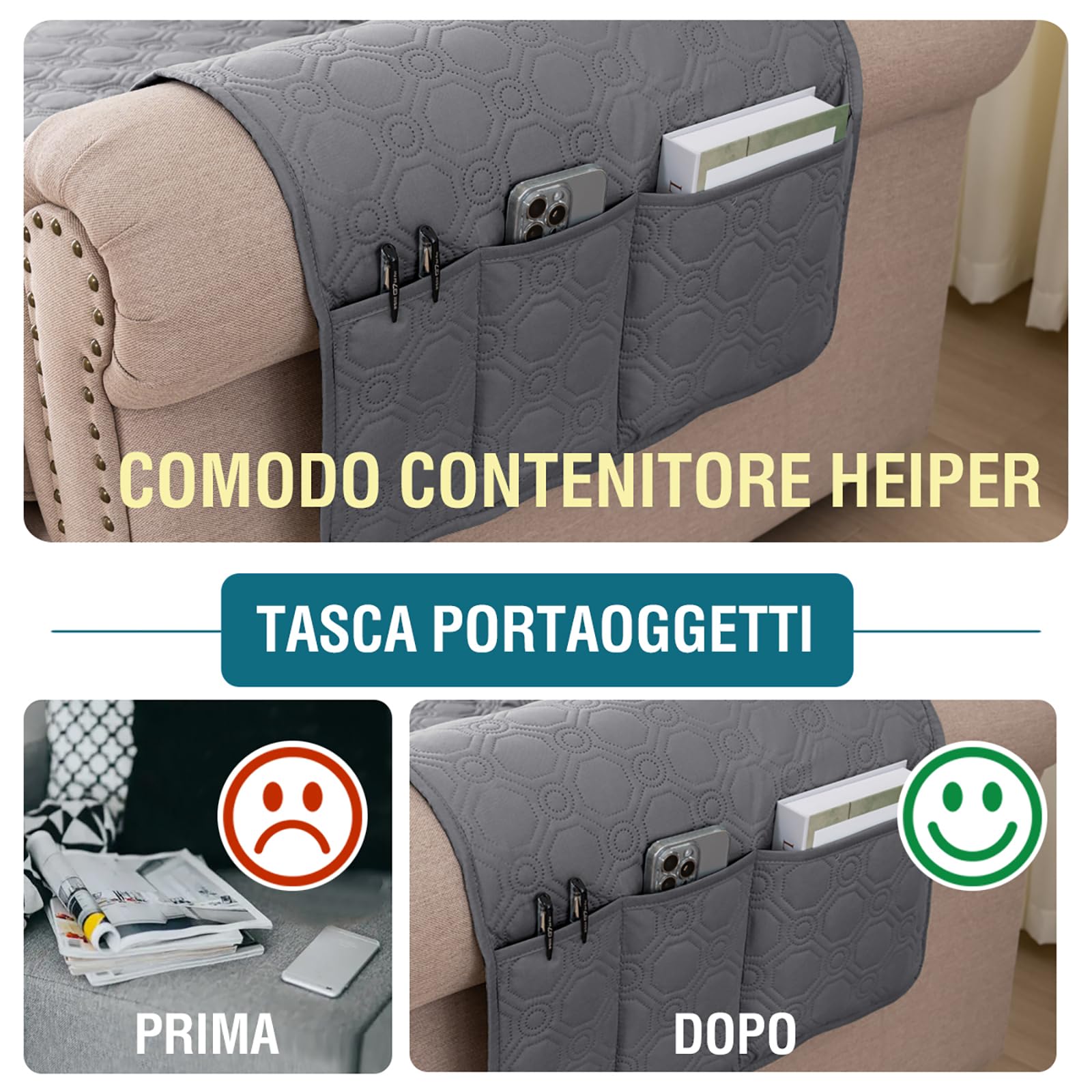 BellaHills 100% Impermeabile Copridivano 2 Posti Con Penisola a Destra- Copridivano Angolare - Antiscivolo - Antimacchia - Antigraffio Copridivano, Seduta 205cm, Grigio