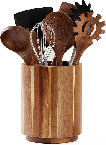 Acacia Wood Utensil Holder, 360° Rotating, Large Countertop Organizer, Farmhouse
