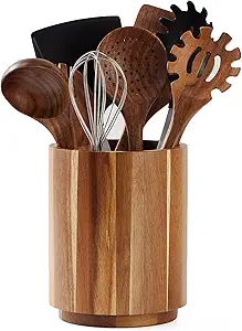 Acacia Wood Utensil Holder for Kitchen Counter, 360° Rotating 7.2" Wooden Cooking Utensil Crock for Countertop, Farmhouse Kitchen Decor